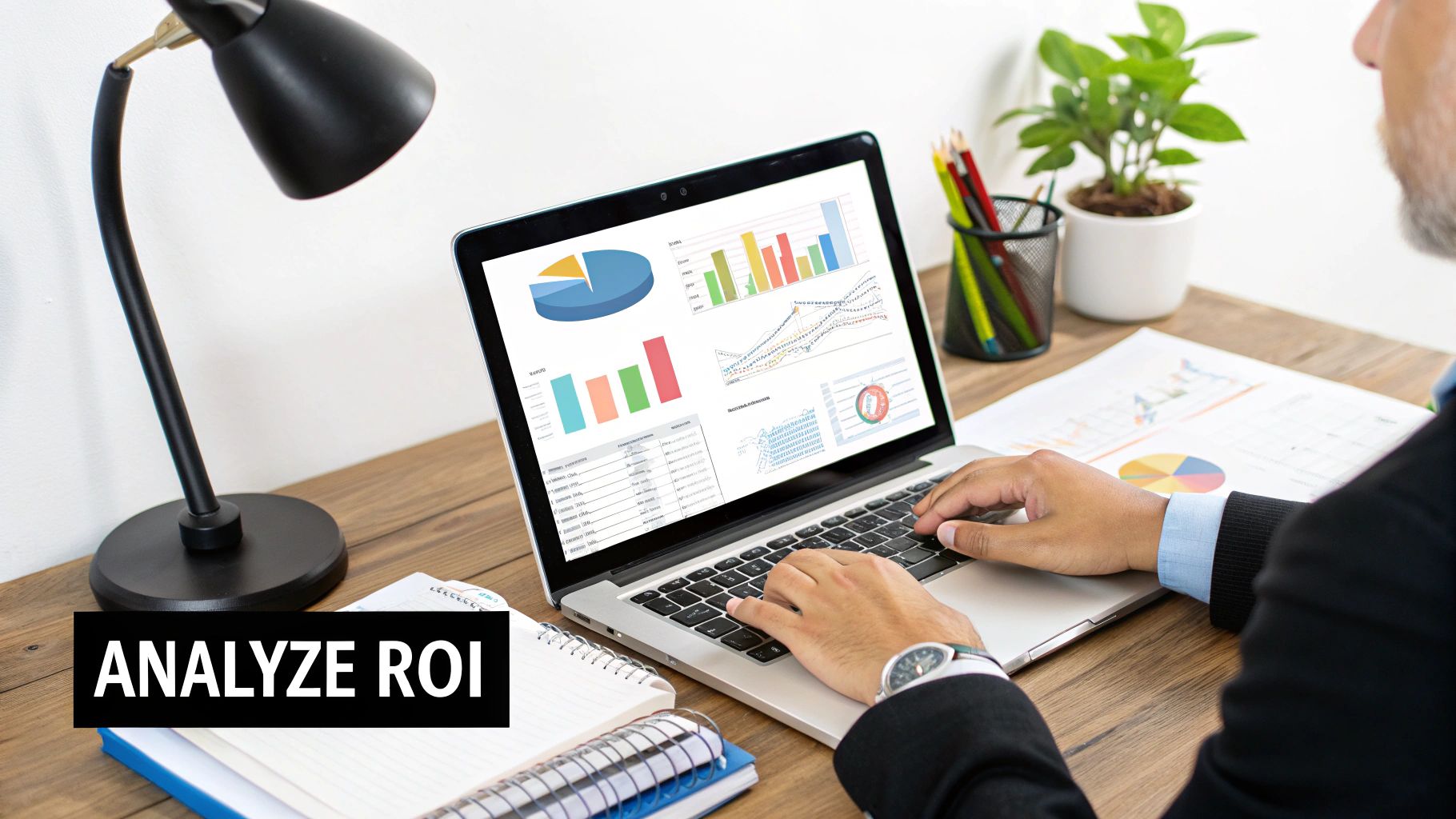A person at a desk analyzing charts and graphs on multiple screens, representing a marketing measurement toolkit.