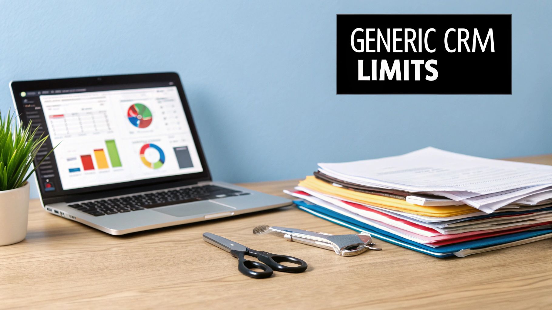 A desk with a laptop showing CRM data, stacked documents, and a 'GENERIC CRM LIMITS' sign.