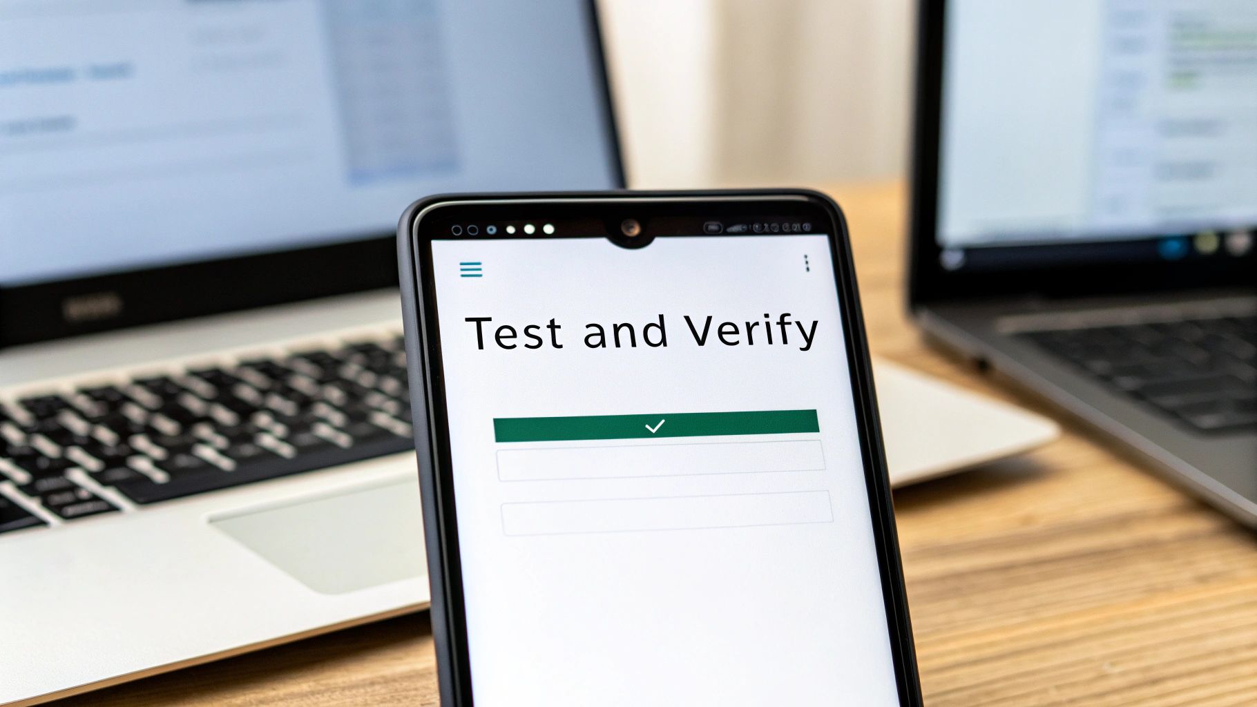 A smartphone screen displaying 'Test and Verify' with input fields, positioned between two laptops.