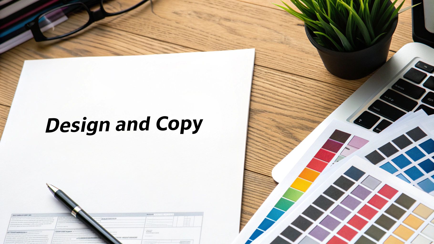 Overhead shot of a creative workspace with a paper titled 'Design and Copy', color swatches, a laptop, and a pen.