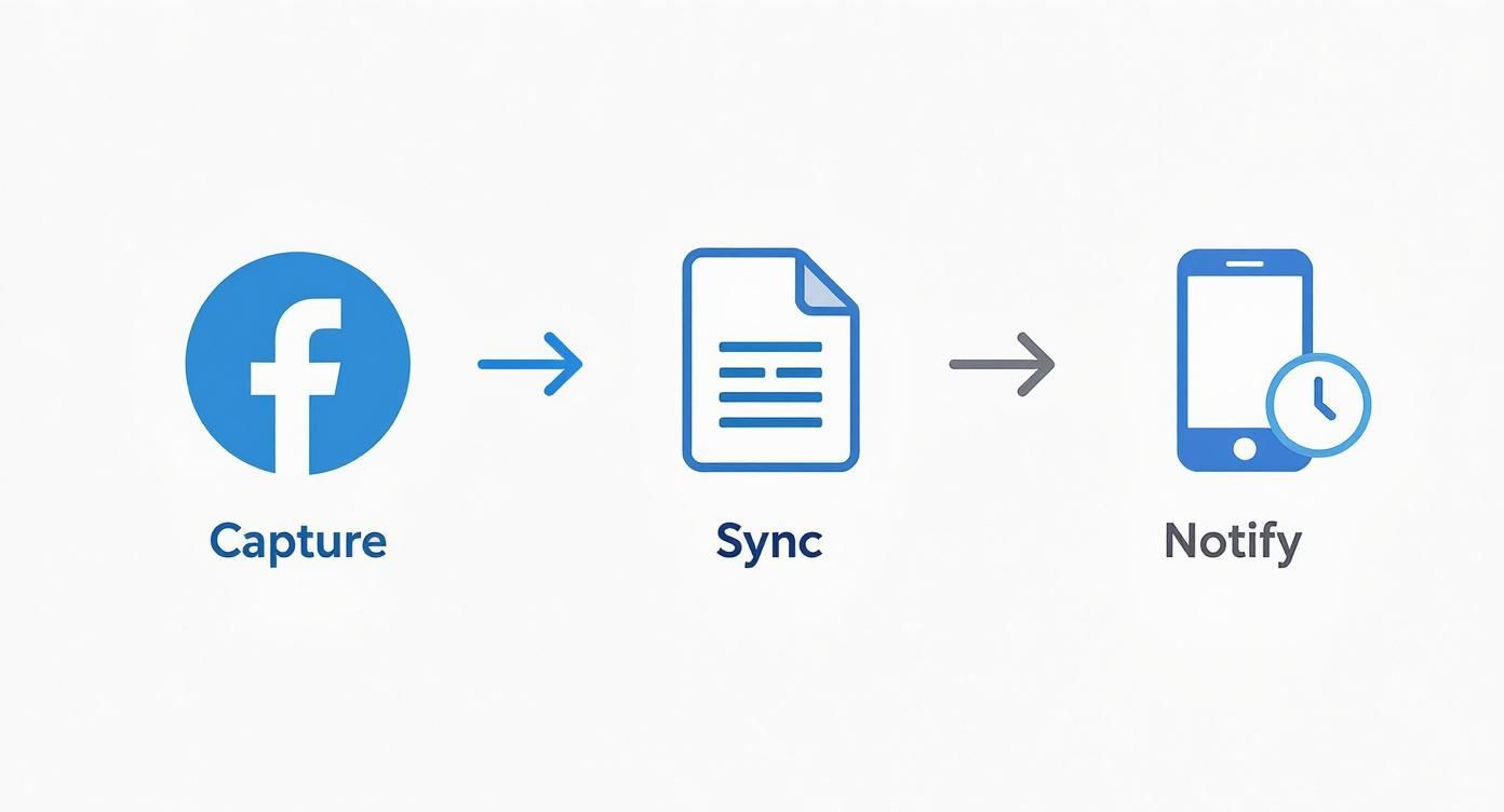 Diagram showing a three-step digital process: Capture via Facebook, Sync data as a document, then Notify on a mobile phone.