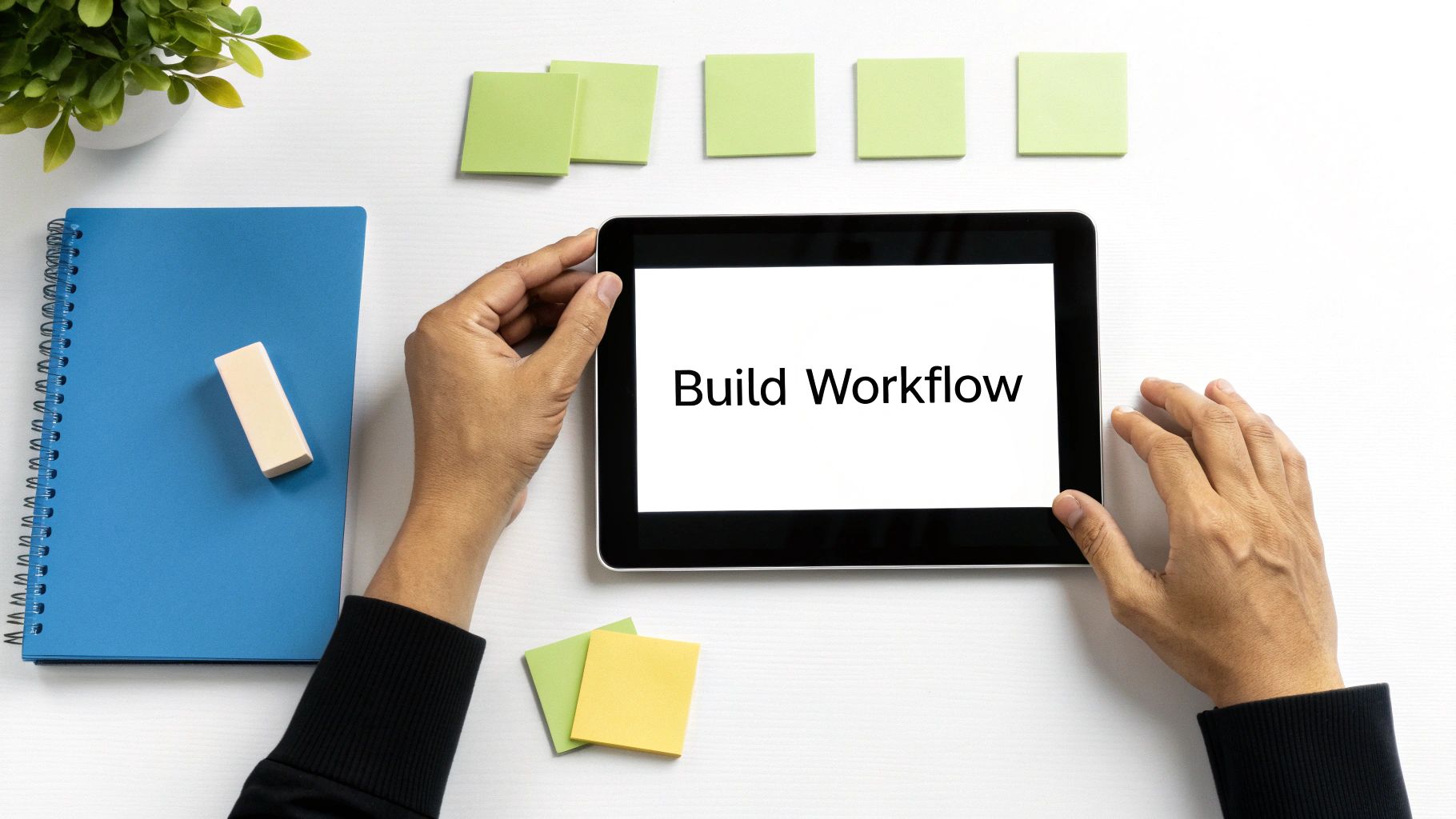 Person holding tablet displaying build workflow text with notebook and sticky notes on desk