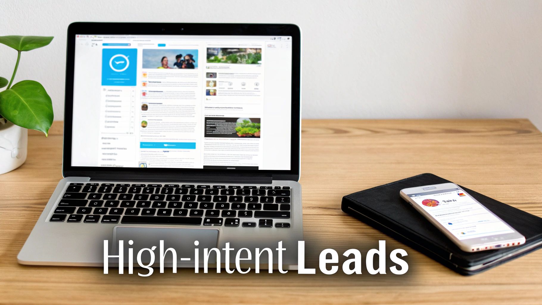 A laptop displays a social media feed with profiles, next to a plant and a smartphone on a wooden desk with 'High-intent Leads' text.
