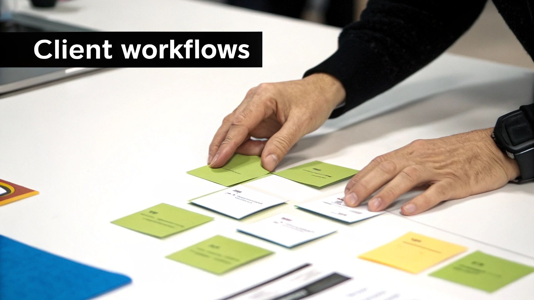 Hands arrange green and white cards on a white table, illustrating client workflow planning and design.