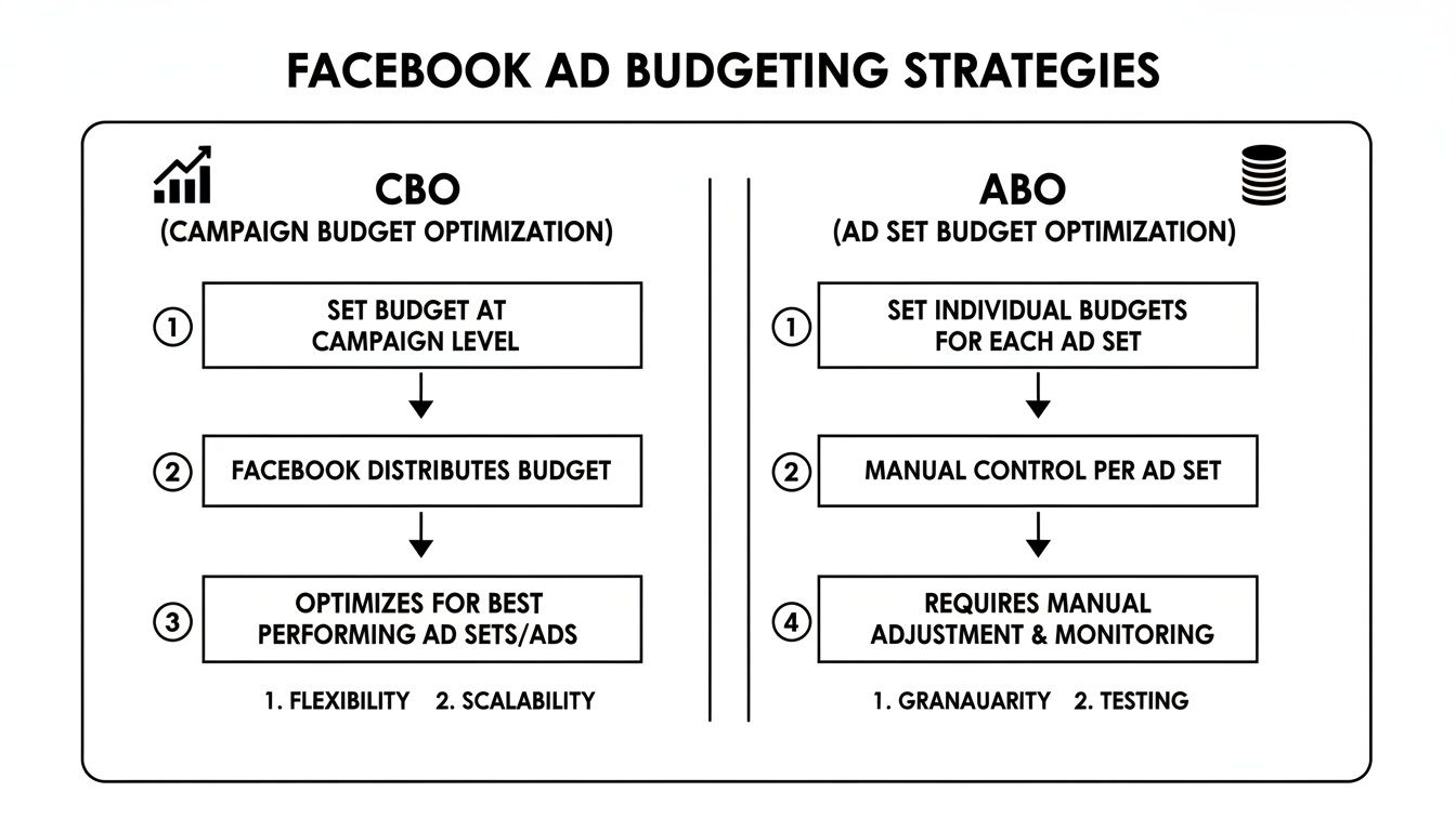 Infographic explaining Facebook ad budgeting strategies: Campaign Budget Optimization (CBO) vs. Ad Set Budget Optimization (ABO).