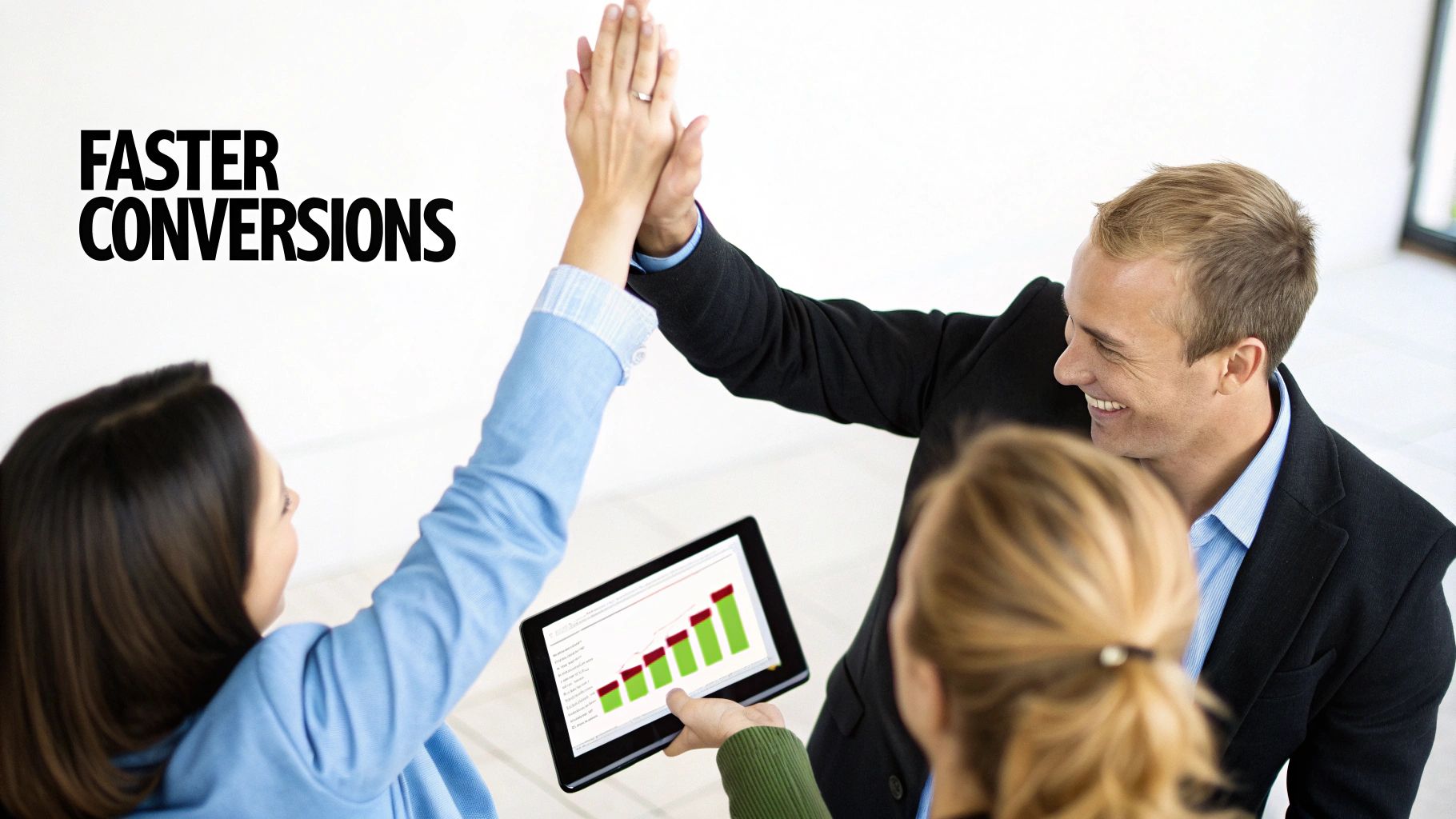 Business professionals celebrate faster conversions with a high-five while viewing a growth chart on a tablet.