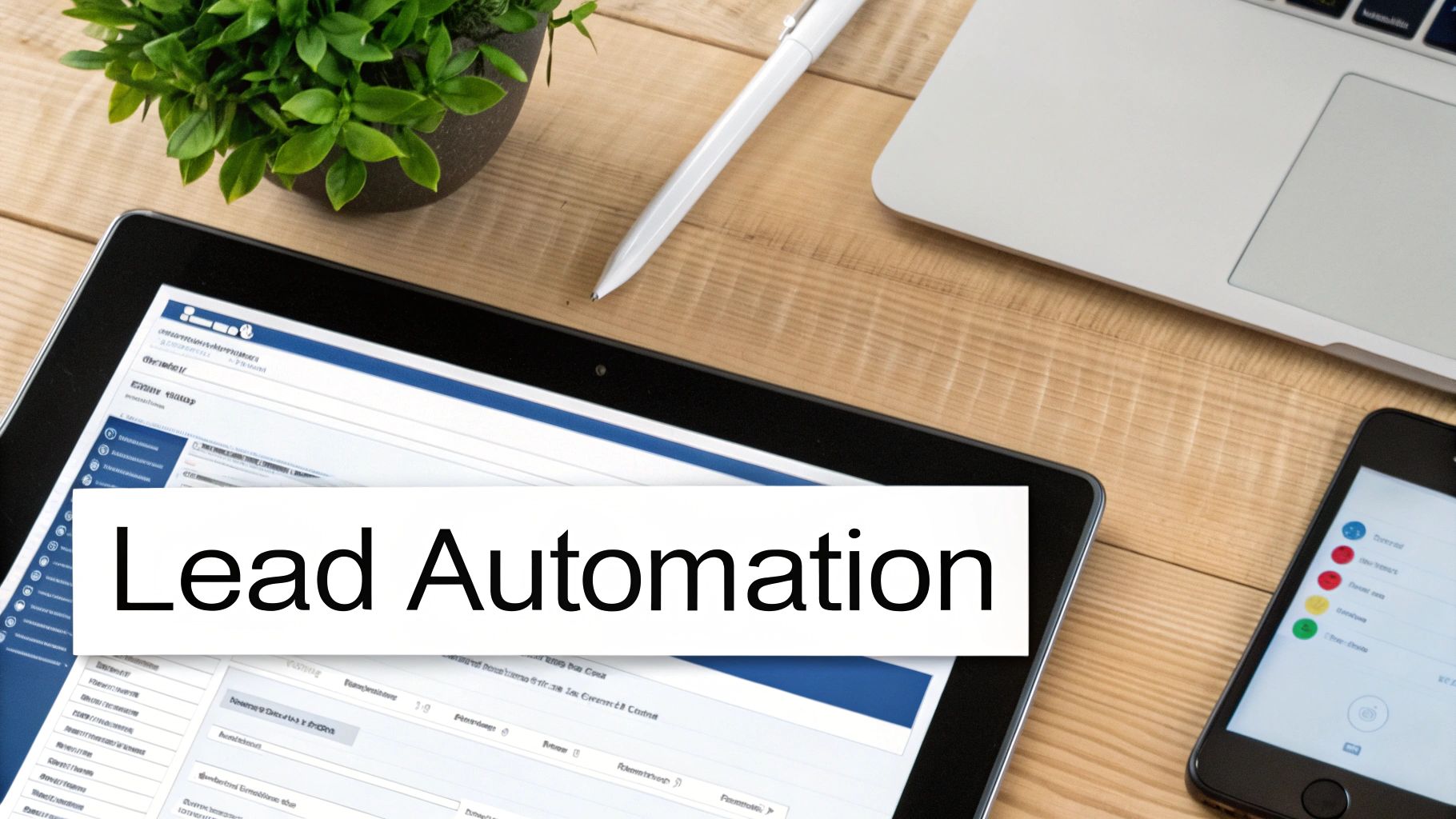 Overhead view of a tablet displaying 'Lead Automation' text on a wooden desk with a laptop and smartphone.