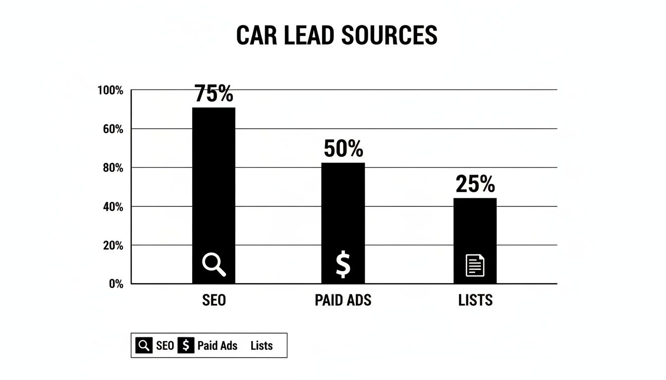 Bar chart illustrating car lead sources, with SEO at 75%, Paid Ads at 50%, and Lists at 25%.