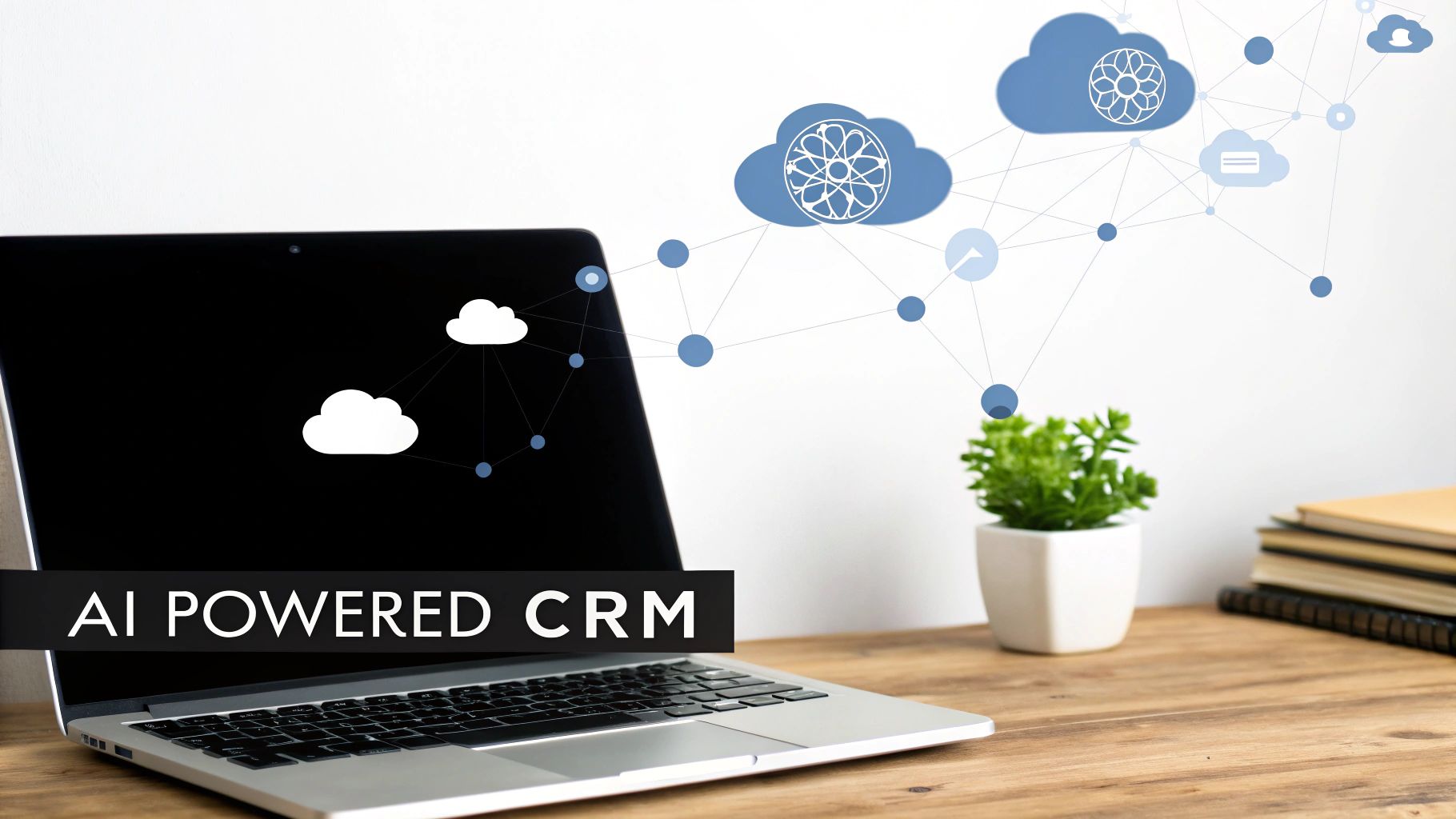A laptop displaying 'AI POWERED CRM' text on its screen, with a cloud network diagram above.