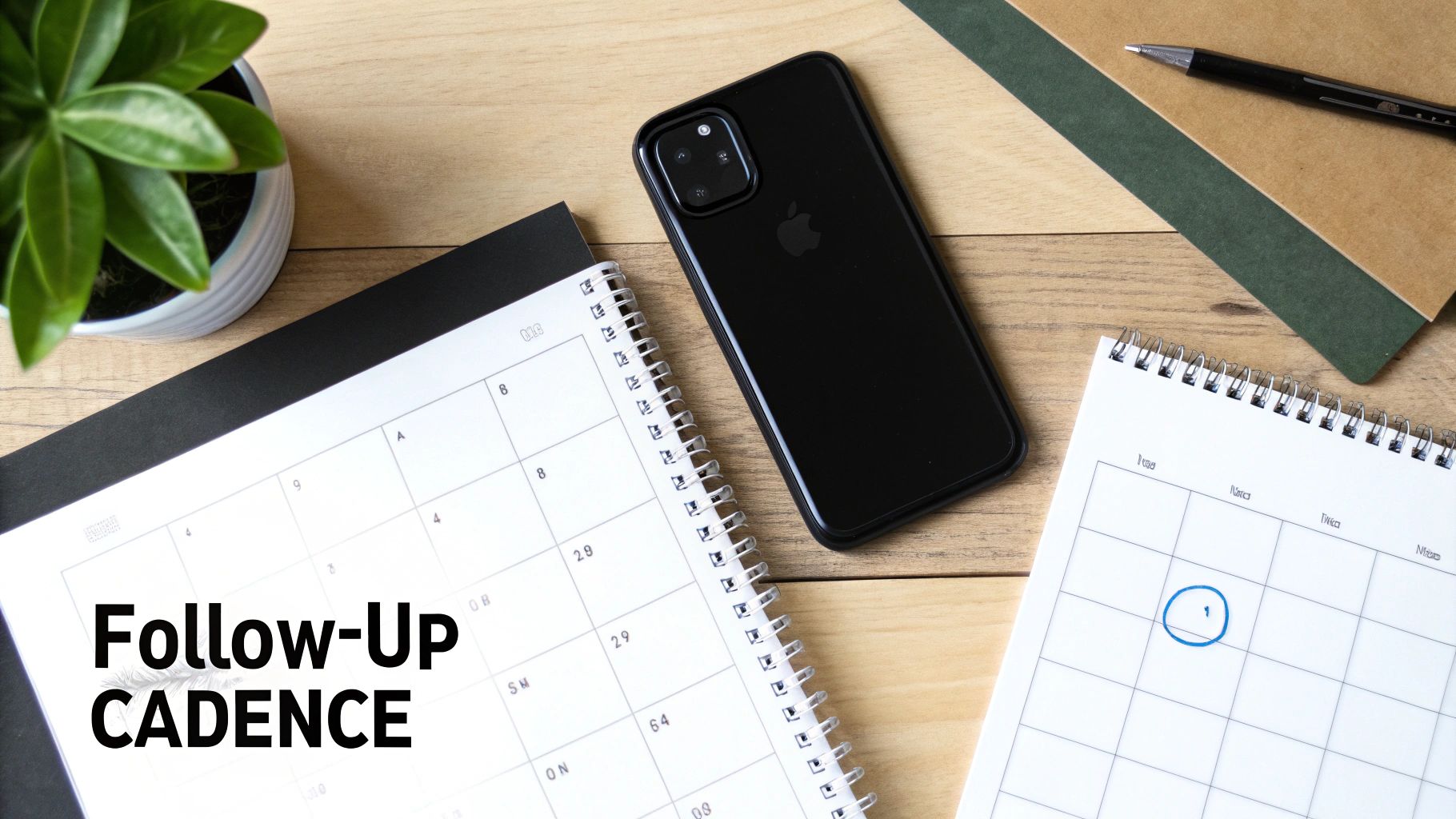 Flat lay of a wooden desk with a phone, two calendars, a pen, and a plant, with 'Follow-Up CADENCE' text.
