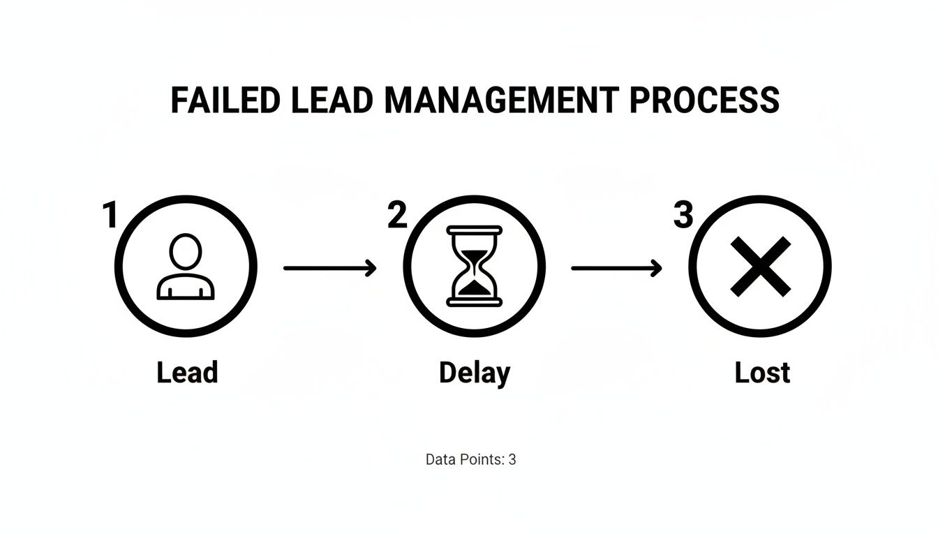 Flowchart illustrating a failed lead management process, showing lead, delay, and lost stages.