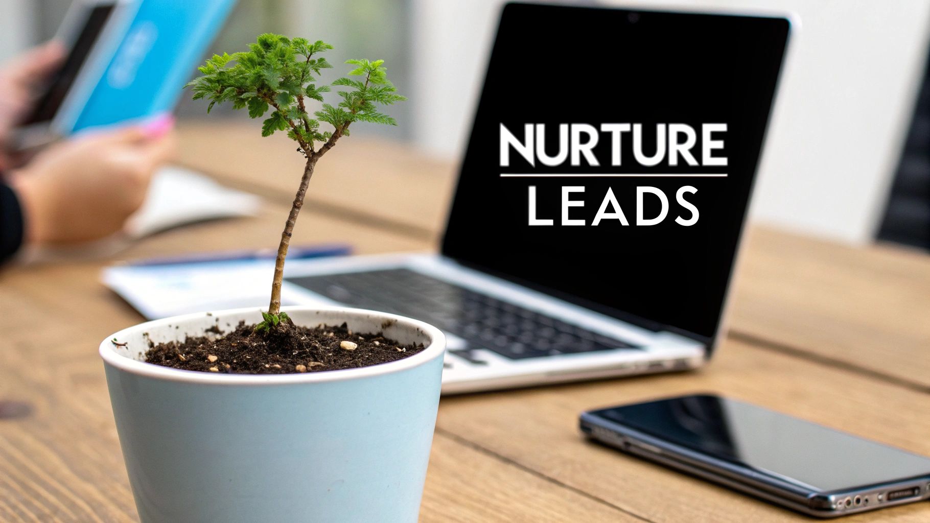 A small potted plant next to a laptop displaying 'NURTURE LEADS' on its screen, on a wooden desk.