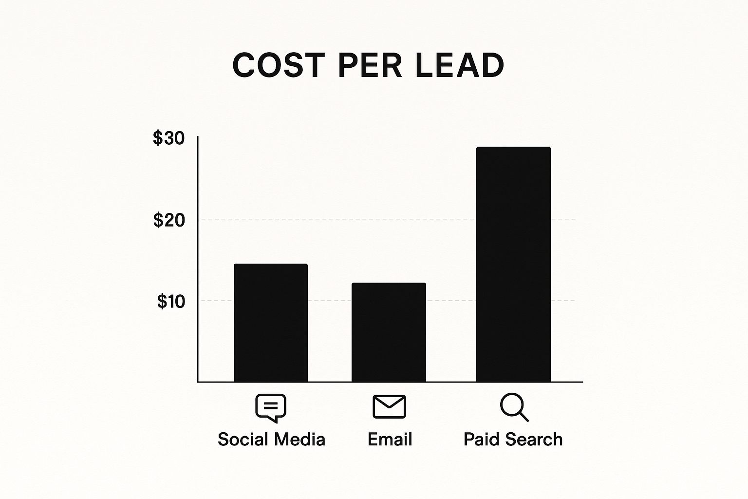 Infographic comparing cost per lead for Social Media ($20), Email ($10), and Paid Search ($30).