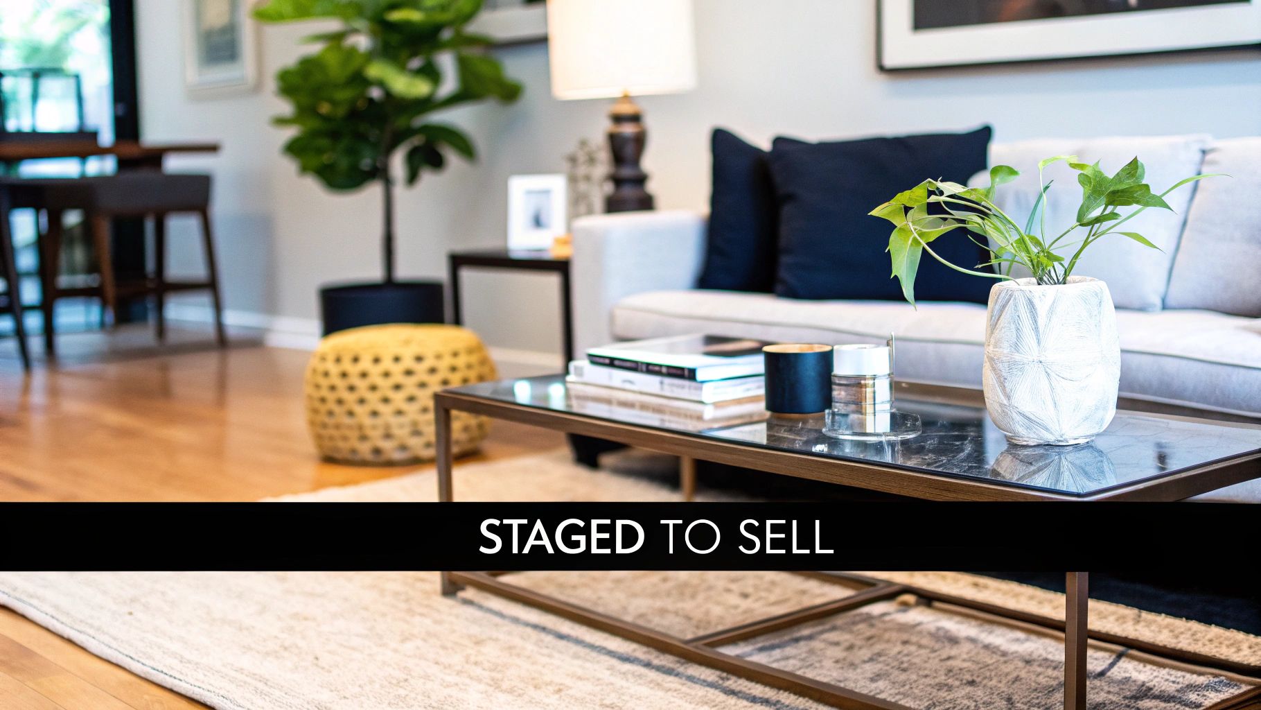 A professionally staged living room with modern furniture, a coffee table, and plants, ready for sale.