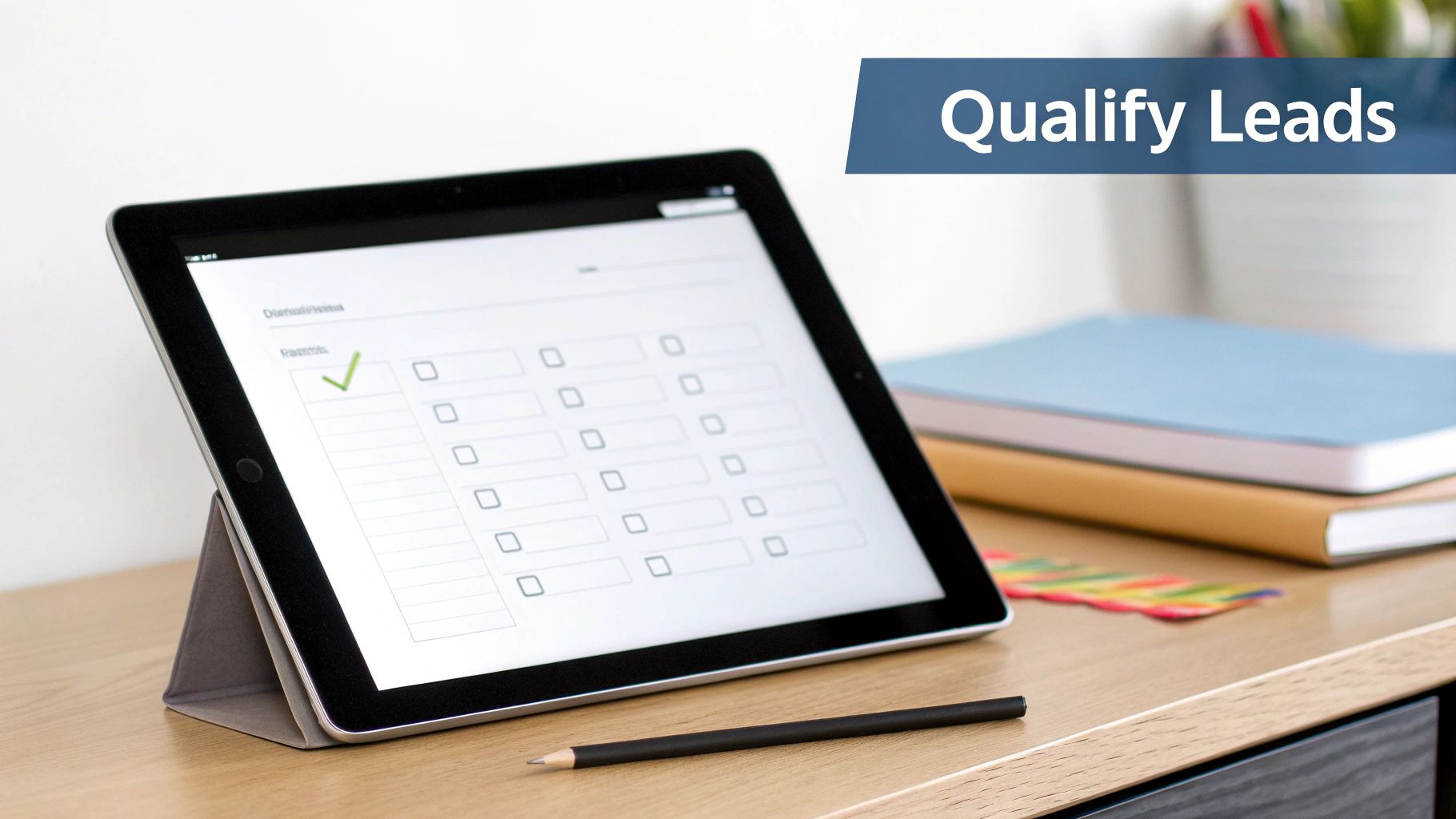 Digital tablet displaying a 'Qualify Leads' form with a green checkmark, on a wooden office desk.