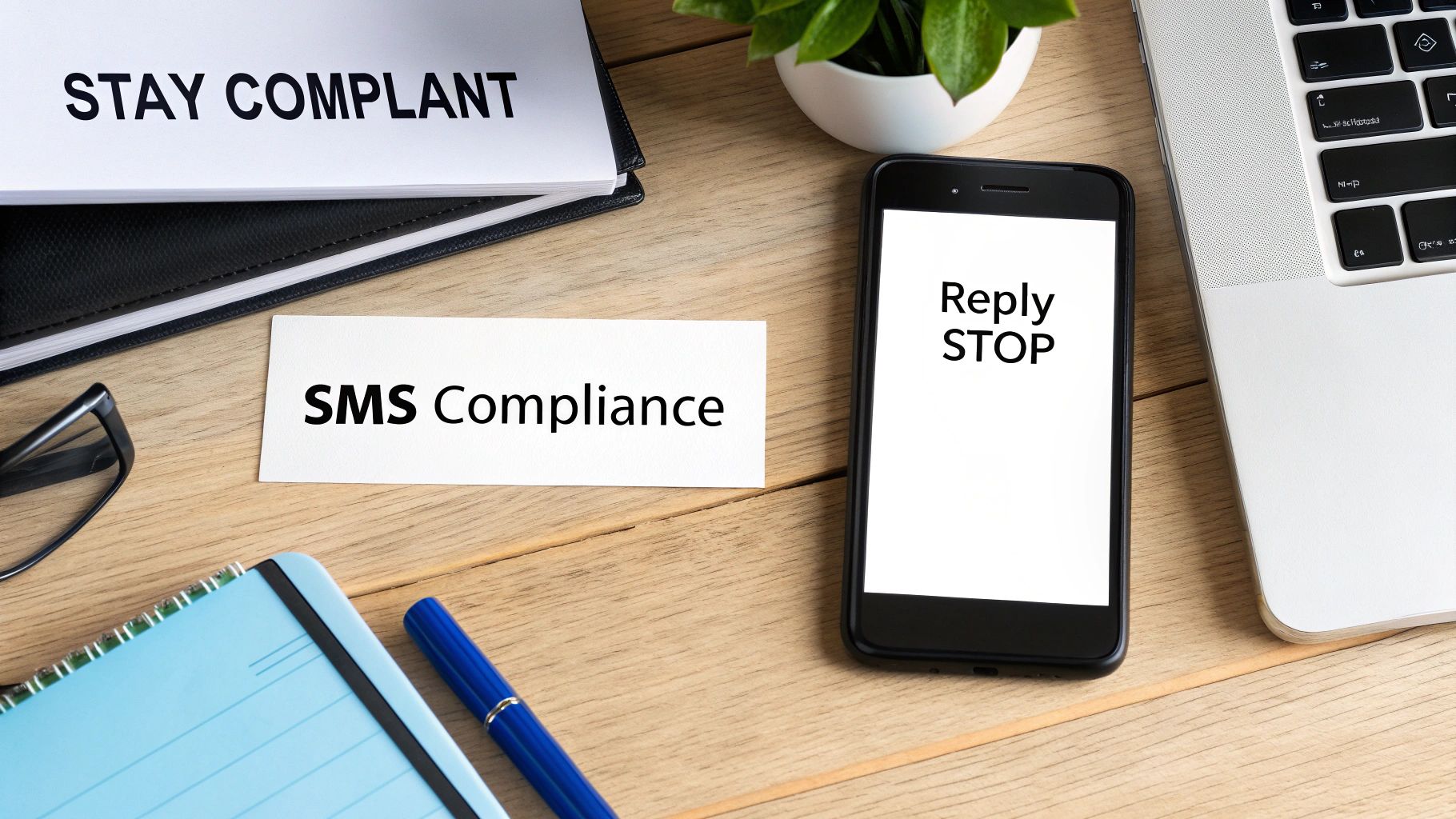 Desk setup with 'Stay Compliant' notebook, 'SMS Compliance' card, and a smartphone displaying 'Reply STOP'.
