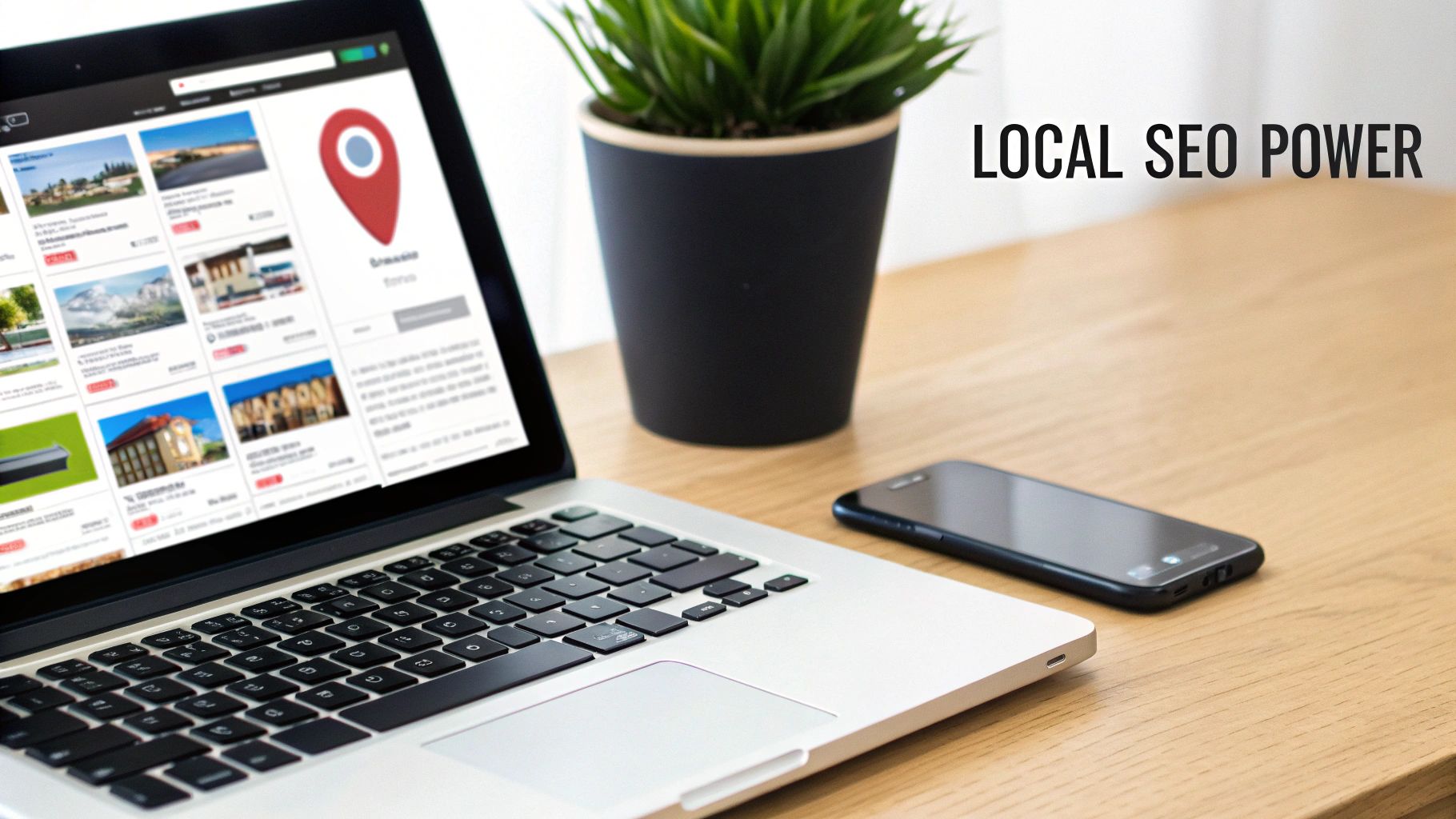 Laptop showing local search results with a map pin, phone, plant, and 'LOCAL SEO POWER' text.