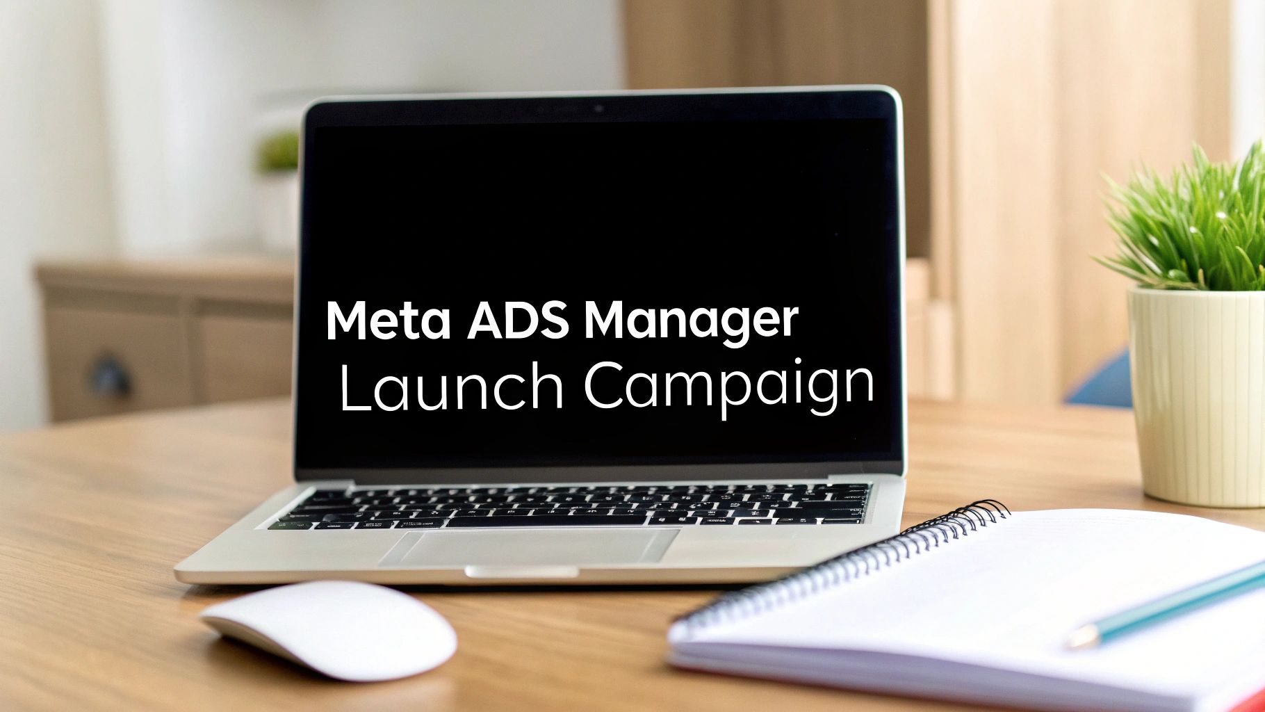 A laptop displaying 'Meta ADS Manager Launch Campaign' on a wooden desk with a mouse and notebook.