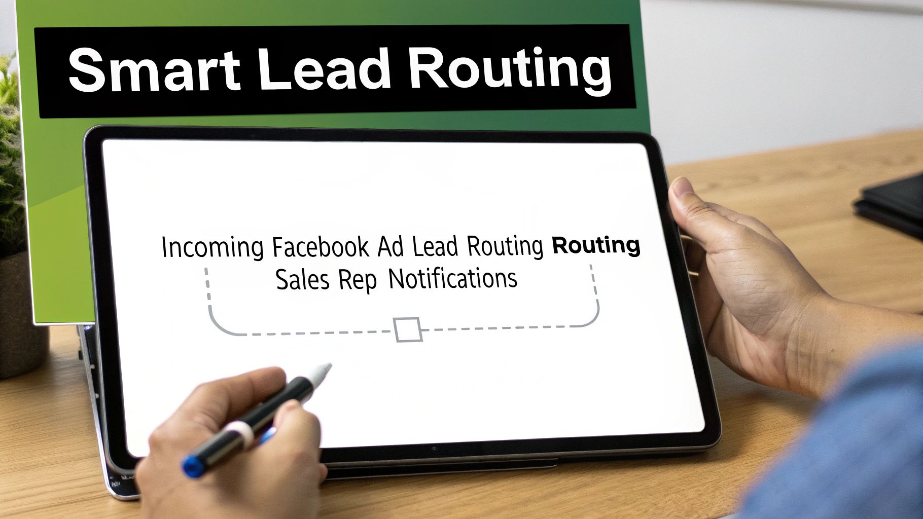 Person using a tablet to demonstrate smart lead routing for Facebook ad leads and sales notifications.