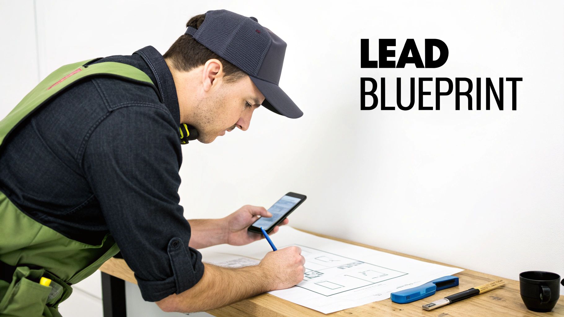 Tradesman in cap using smartphone and drawing on a blueprint plan on a desk.