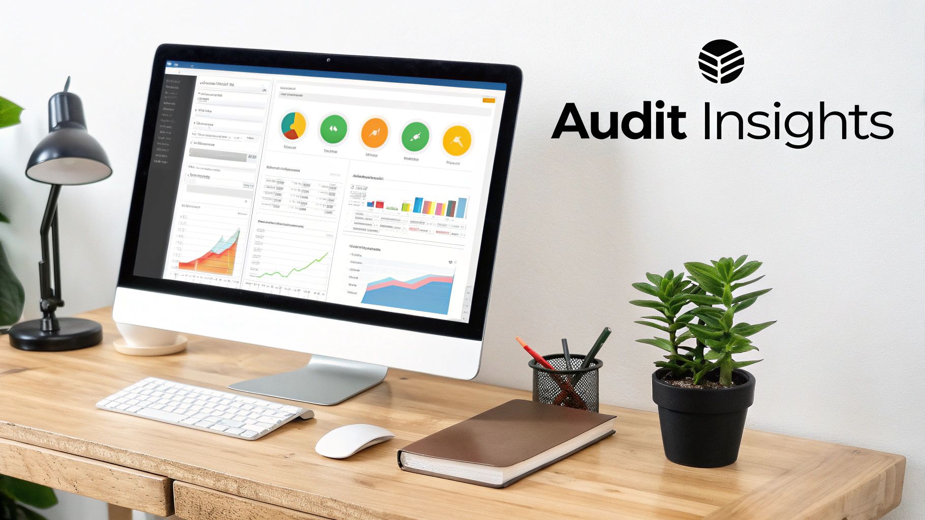 A clean desk setup featuring a computer displaying audit insights, a lamp, a plant, and office supplies.