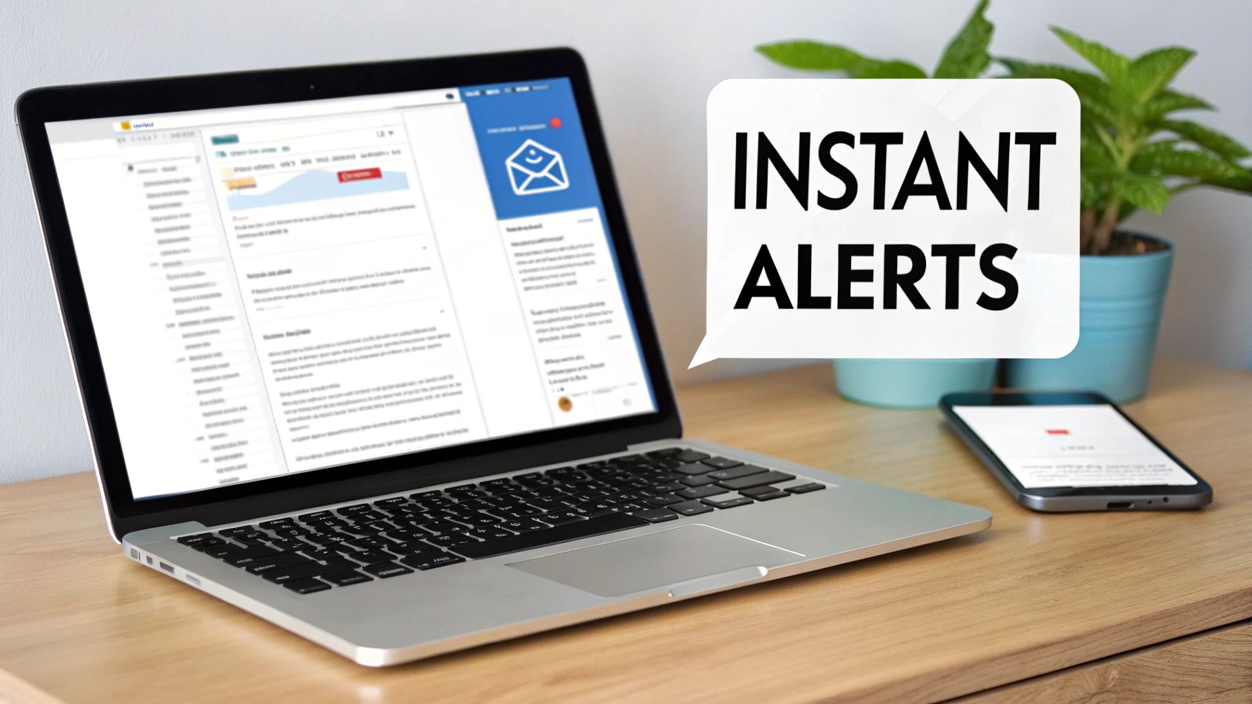 A laptop and smartphone on a desk with an 'INSTANT ALERTS' speech bubble, emphasizing immediate notifications.