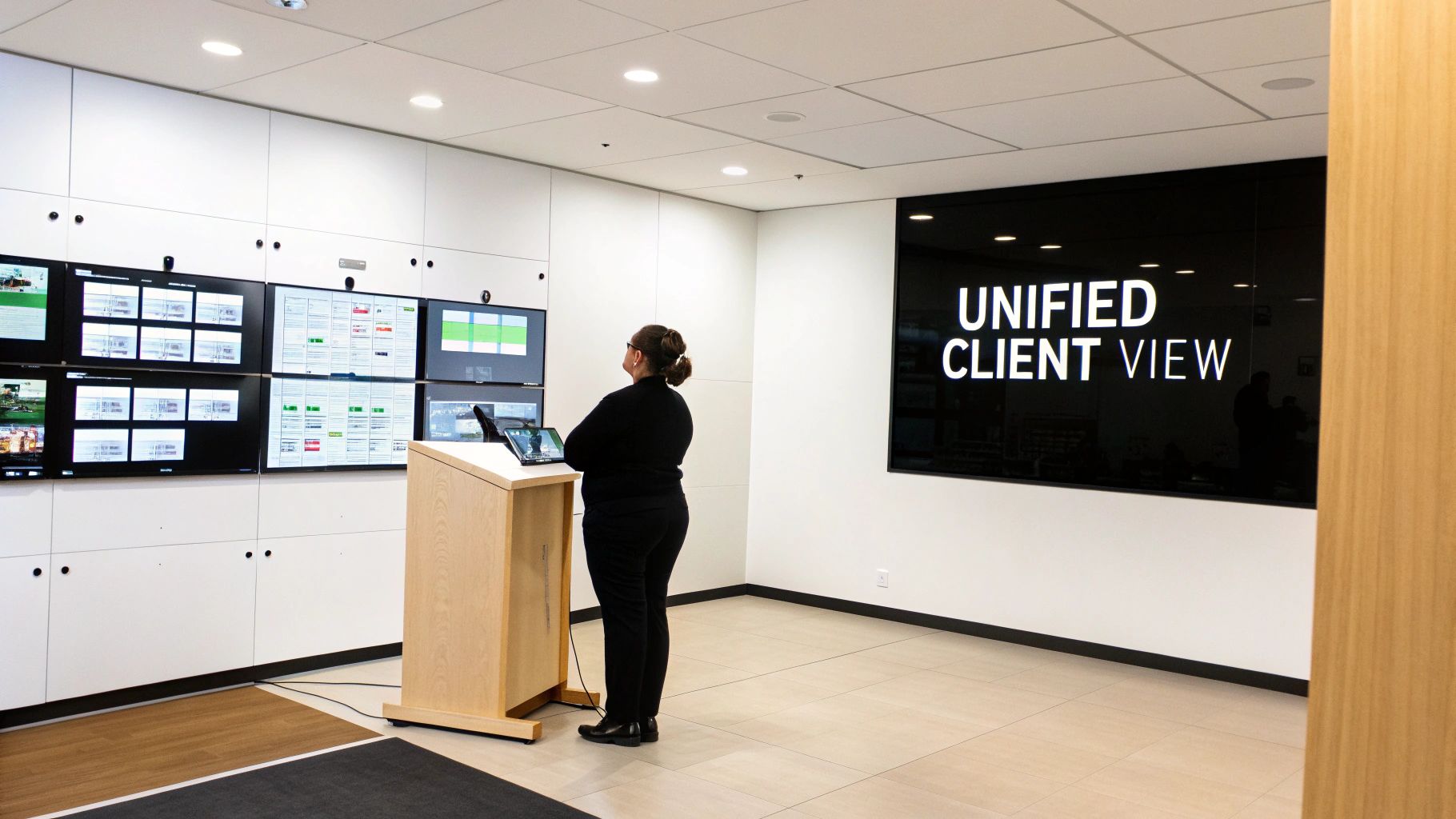 A woman stands at a podium in front of a large screen displaying "UNIFIED CLIENT VIEW" and other data screens.
