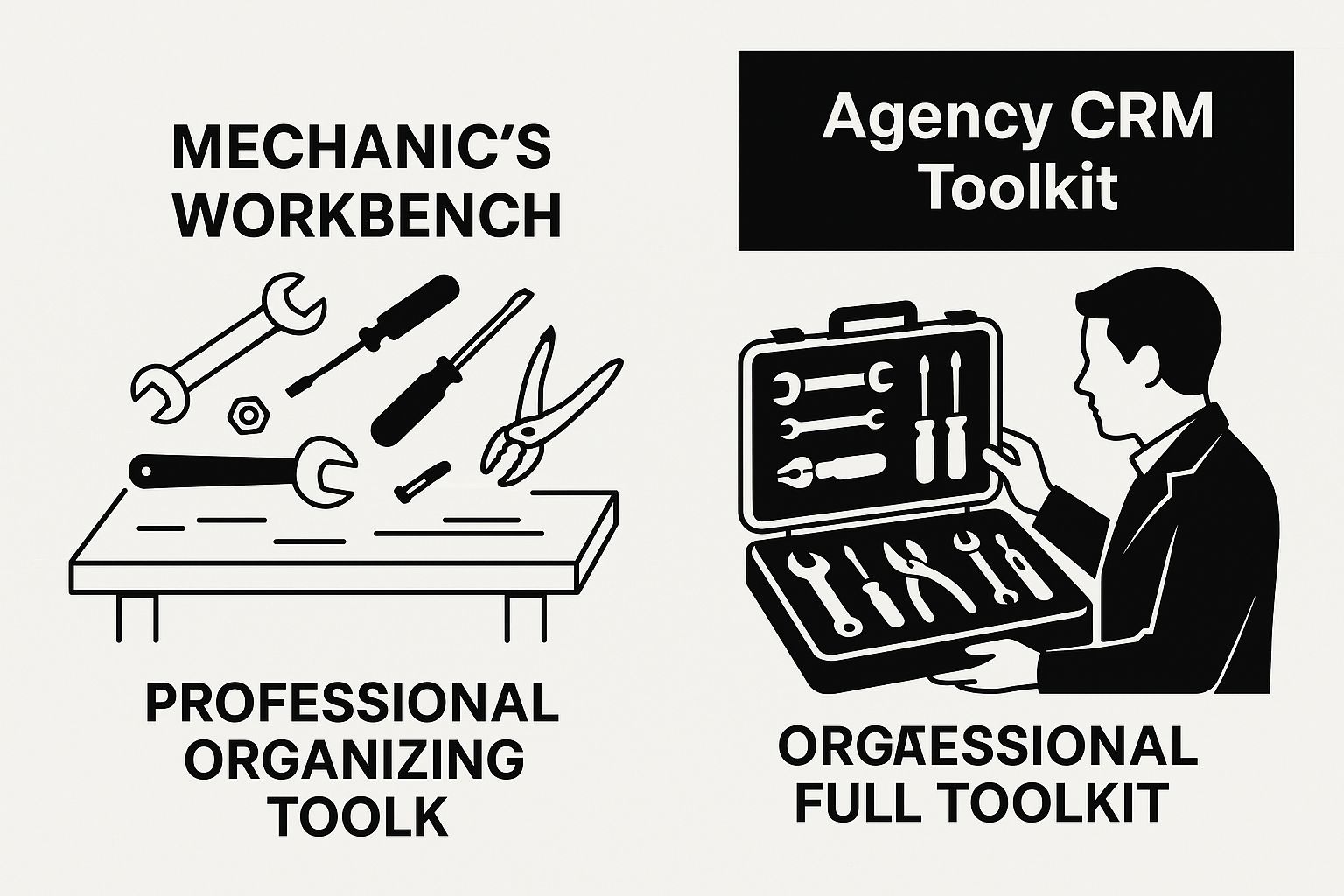 Infographic showing scattered tools versus an organized CRM toolkit for agencies.