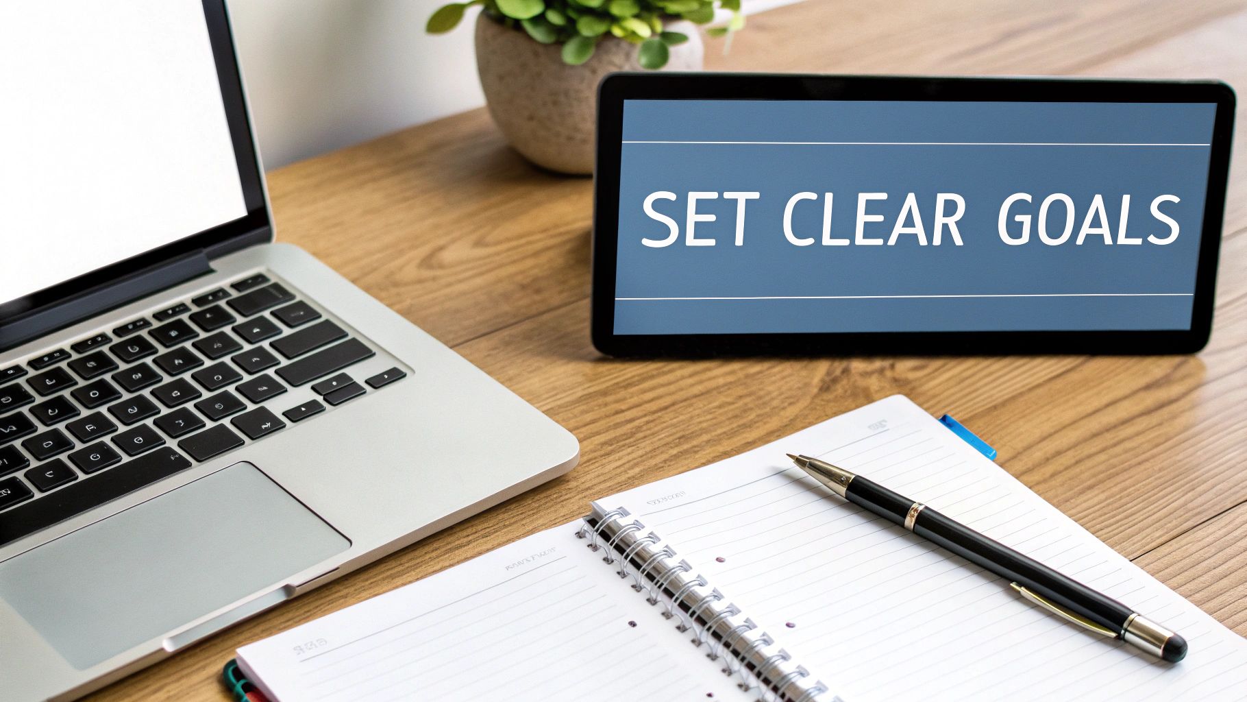 A workspace with a laptop, a tablet displaying 'SET CLEAR GOALS', a notebook, and a pen.