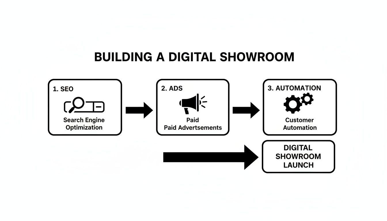 Flowchart showing steps to build a digital showroom: SEO, paid ads, and customer automation.