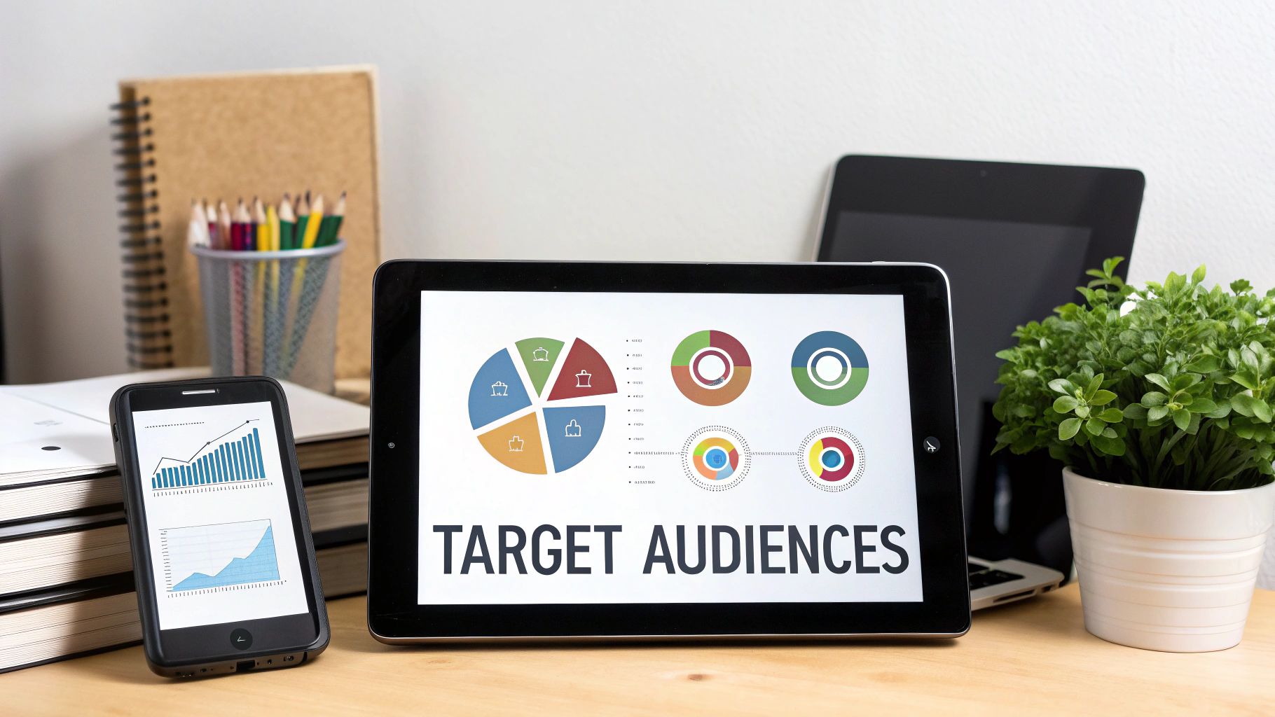 A tablet displays 'TARGET AUDIENCES' and data charts, alongside a smartphone, notebook, and plant on a desk.