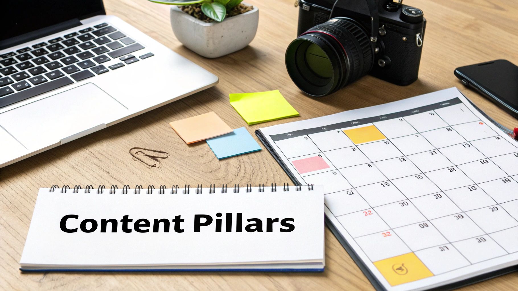 Content pillars notebook on desk with laptop, camera, calendar, and colorful sticky notes