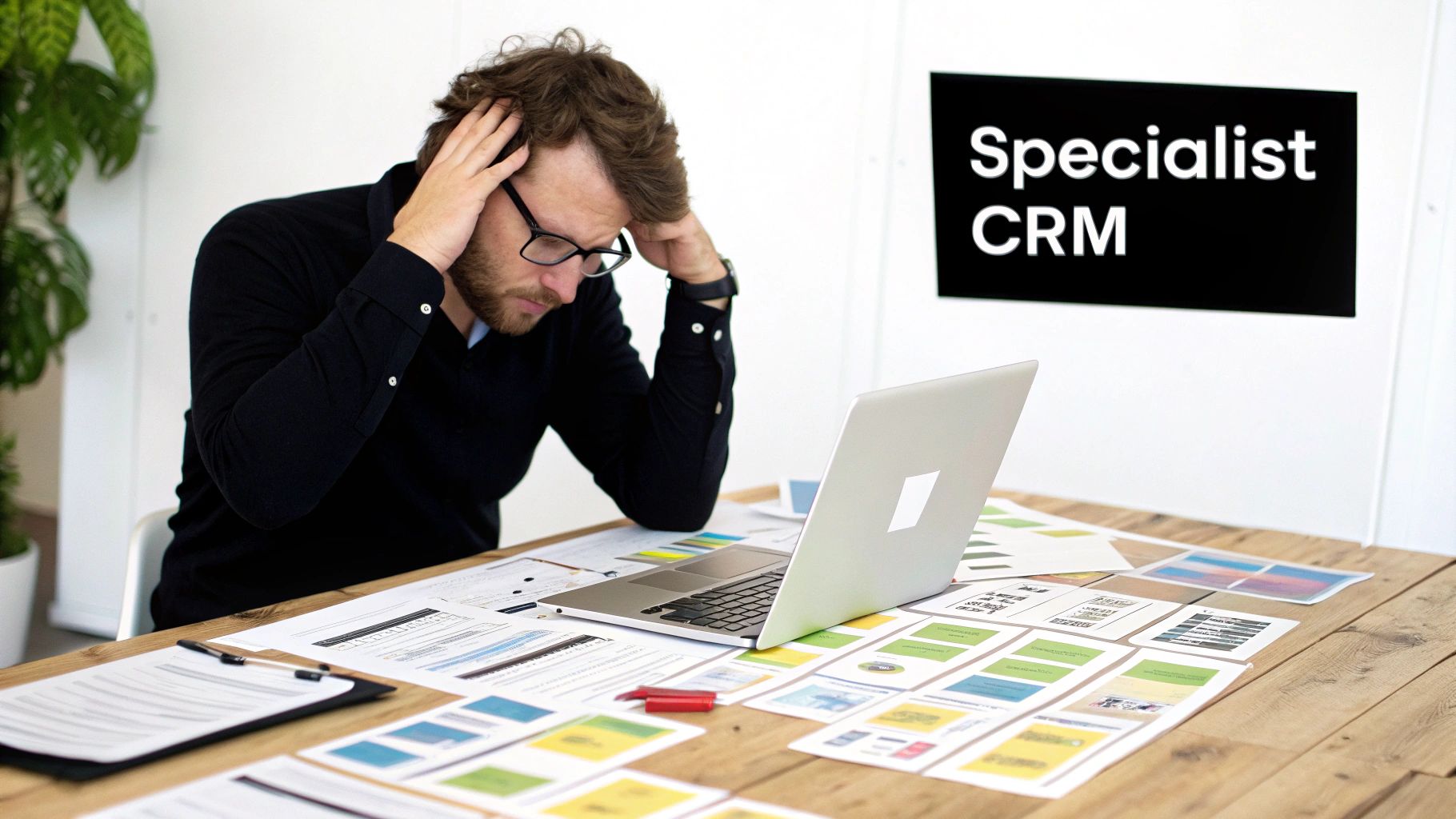 A stressed CRM specialist sits at a desk with a laptop and many documents, hands on head.