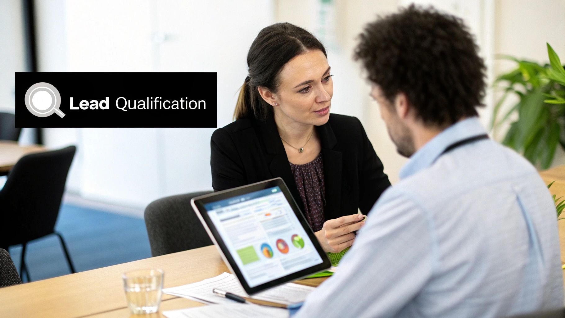 A sales team collaborates around a table, analyzing charts and data on a screen, representing the strategic process of lead qualification.