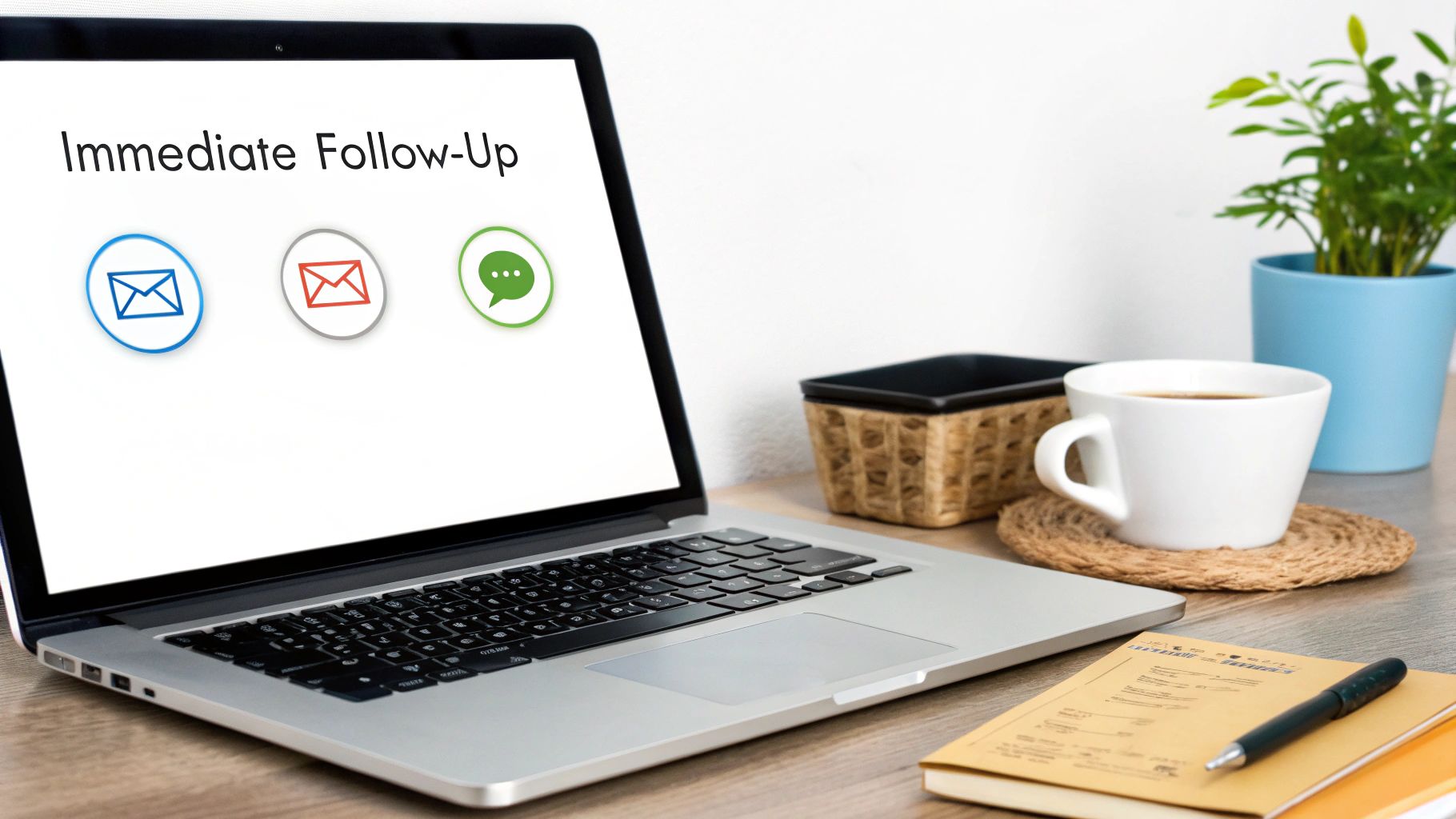 A person at a desk quickly responding to a message on their phone and computer