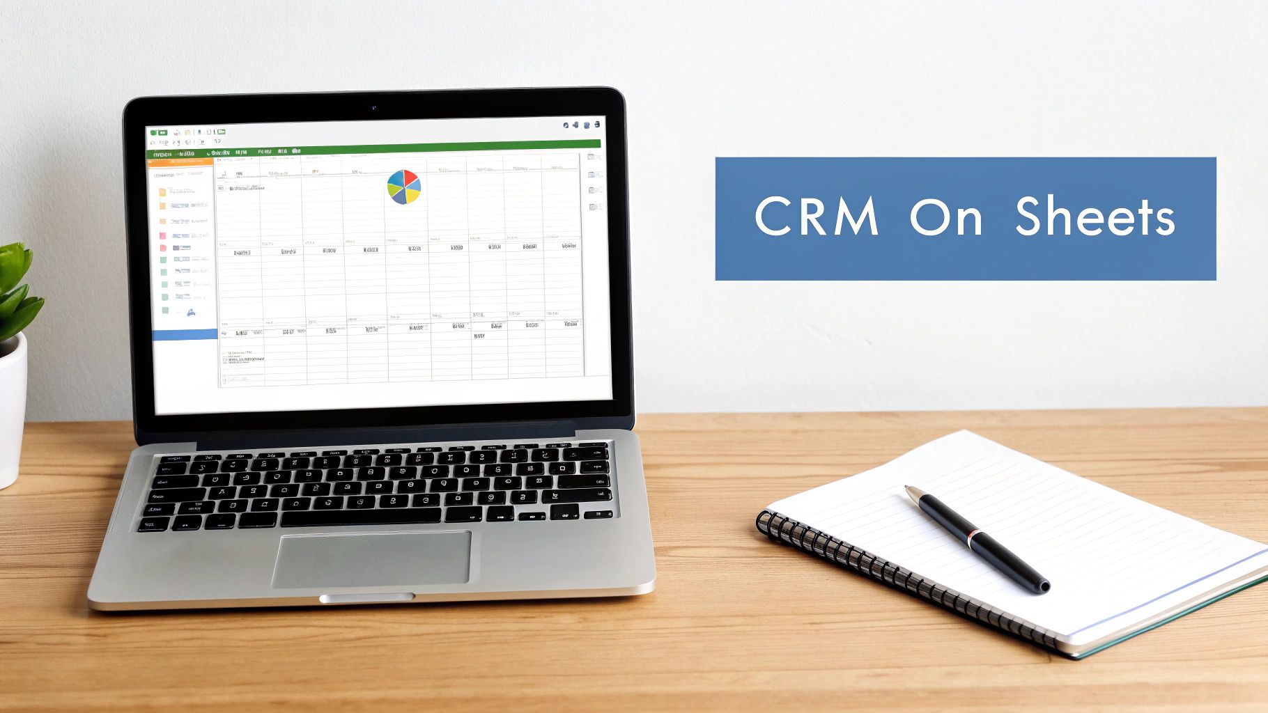 Laptop displaying a CRM spreadsheet and 'CRM On Sheets' text on a tidy desk.