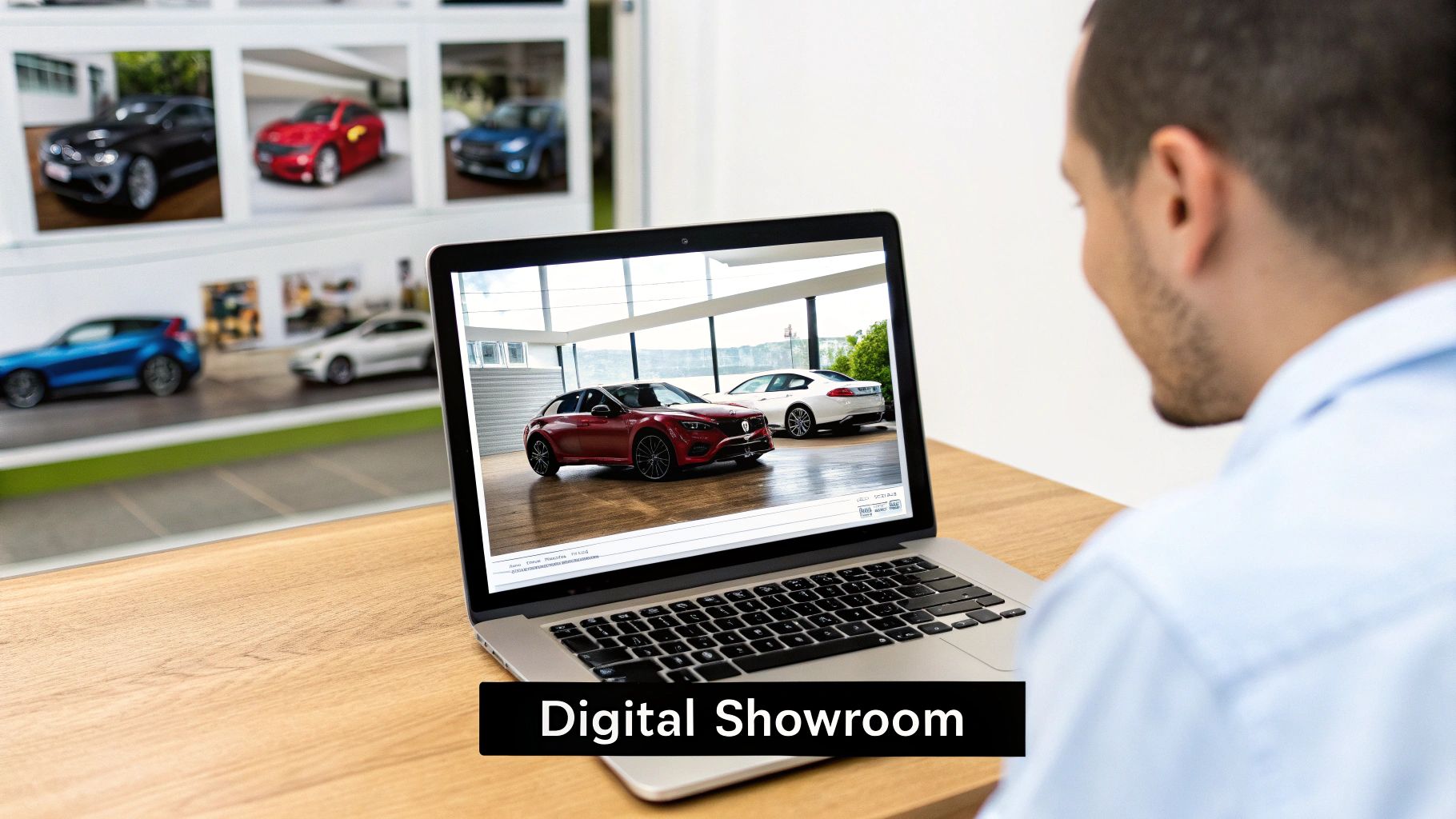 A man views a digital car showroom on his laptop, with physical car photos in the background.