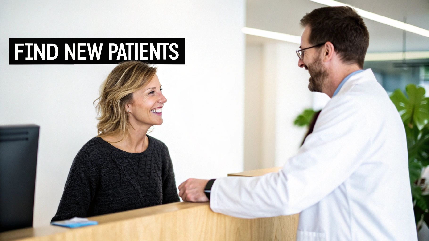 A smiling woman at a reception desk talks to a friendly doctor in a white coat.