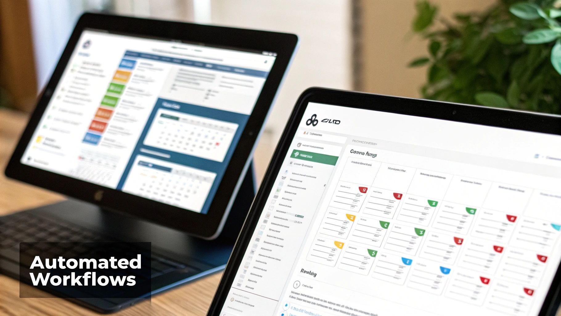 Two tablets display automated workflow software interfaces, featuring task management, calendars, and color-coded dashboards.