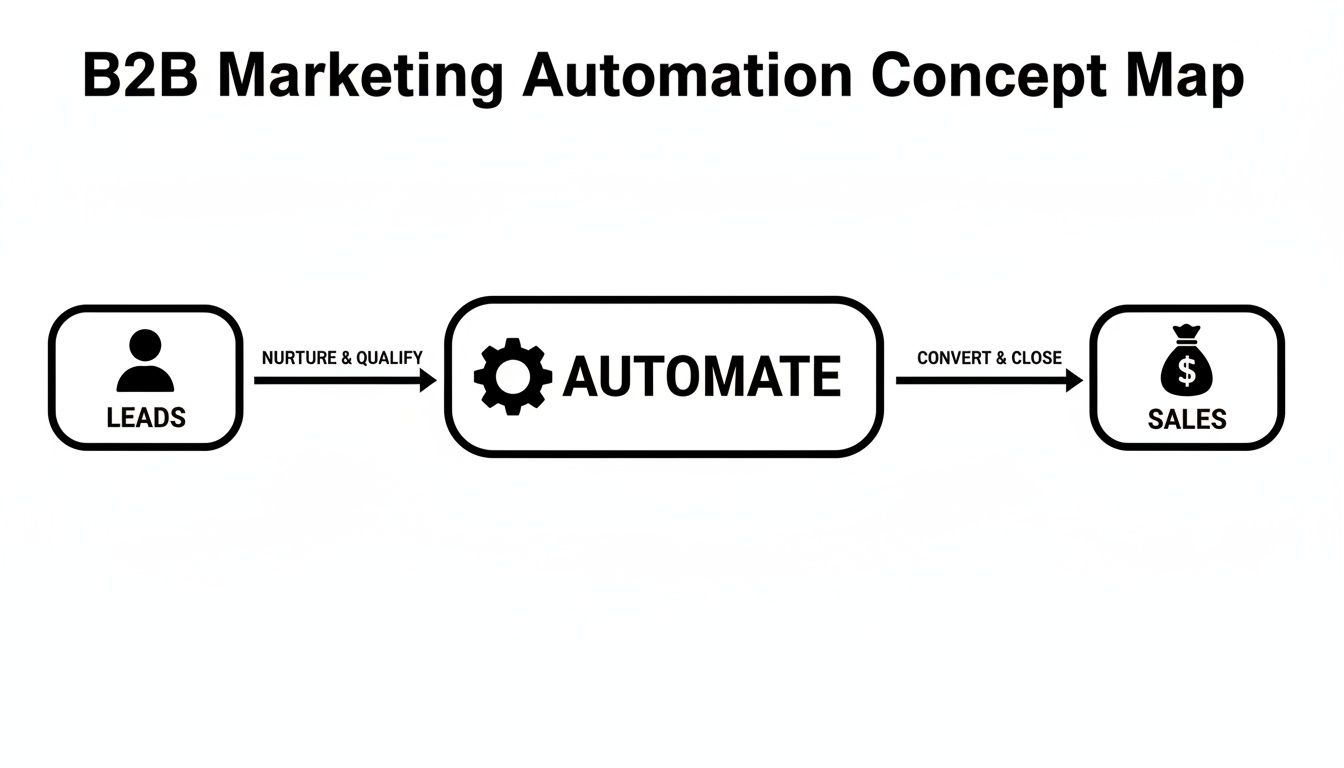B2B Marketing Automation Concept Map illustrating leads processed through automation to sales.