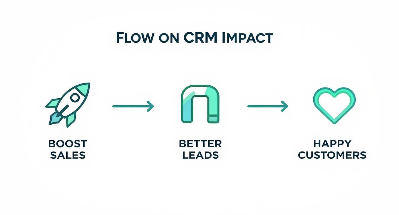 Flow chart showing CRM impact: rocket icon for boost sales, magnet for better leads, heart for happy customers