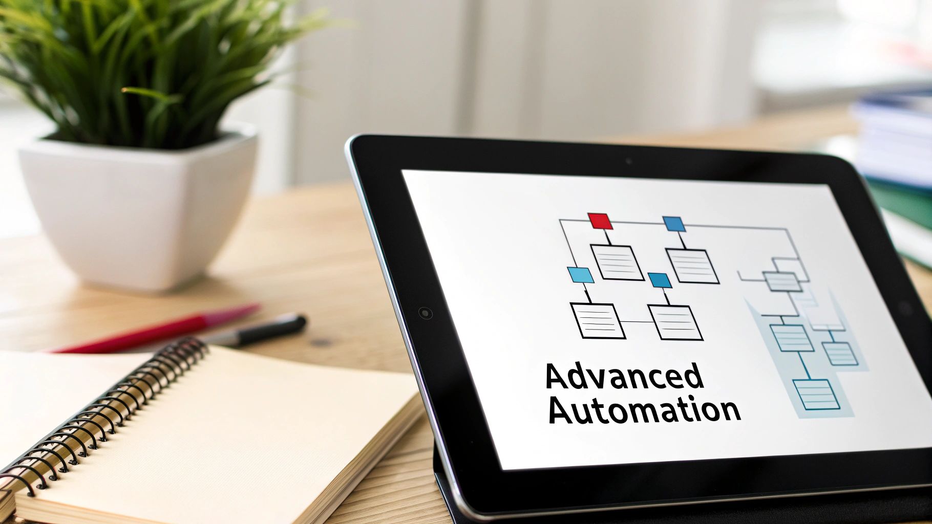 A tablet on a wooden desk displays a flowchart and the text 'Advanced Automation'.