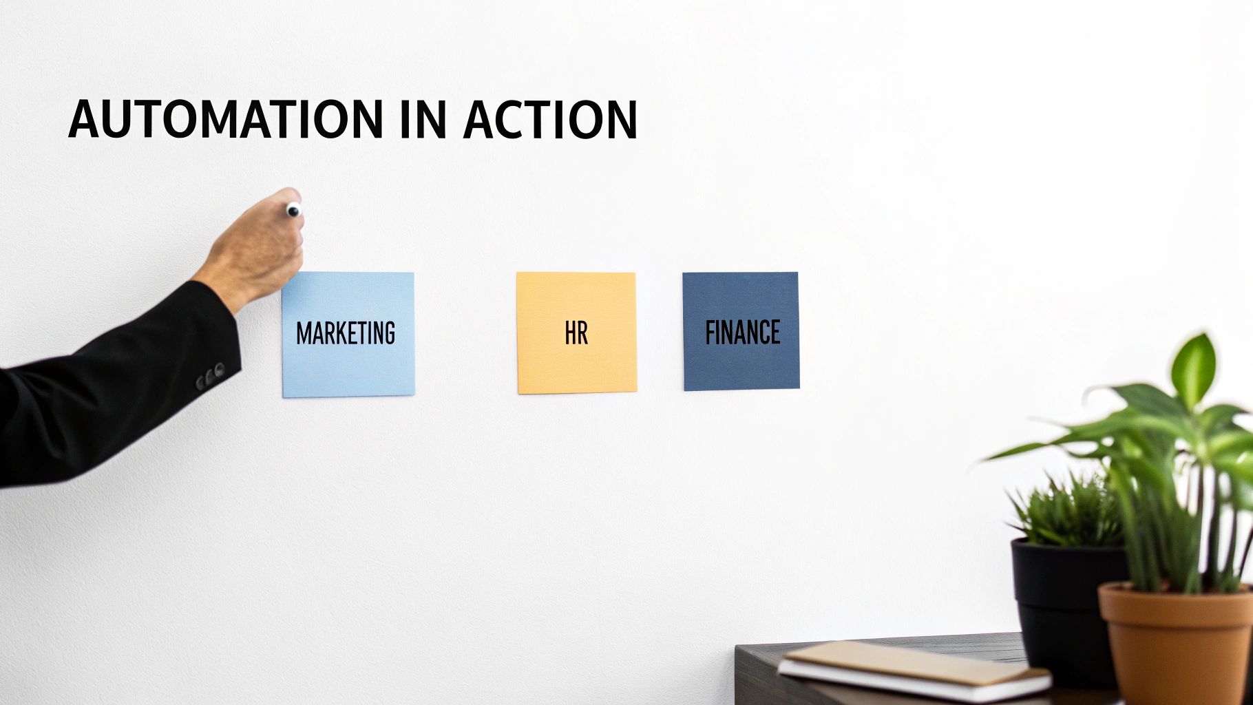 A visual representation of an automated business workflow, with various business icons connected by arrows.