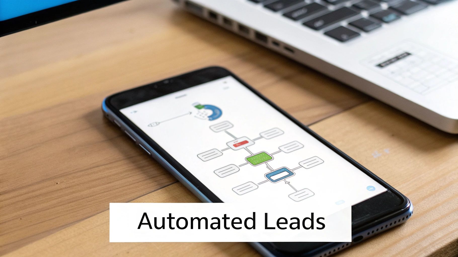 A smartphone on a wooden desk displays a workflow diagram for automated leads, with a laptop in the background.