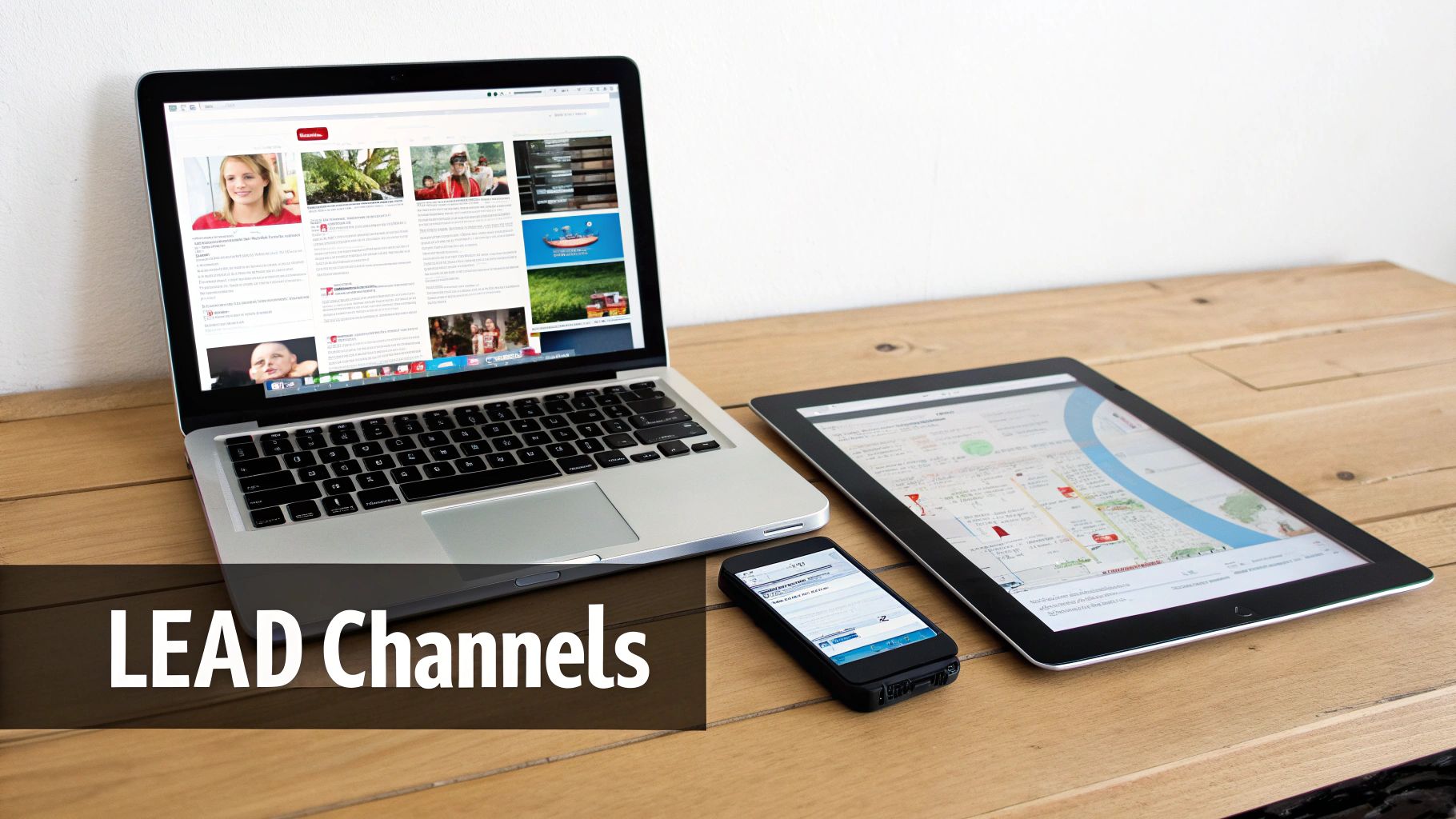Multiple digital devices: a laptop, tablet, and smartphone on a wooden desk, illustrating various lead generation channels.