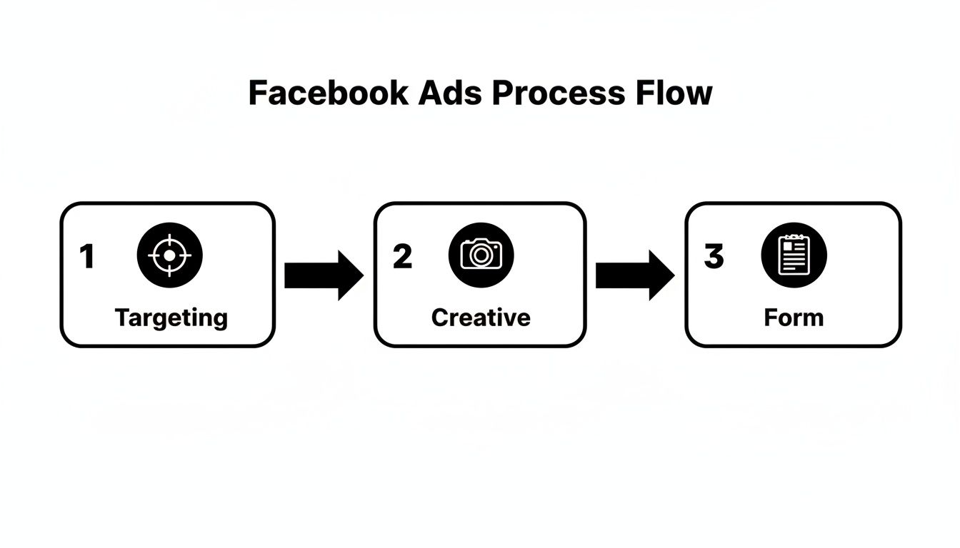 A flowchart illustrating the three-step Facebook Ads process: Targeting, Creative, and Form.