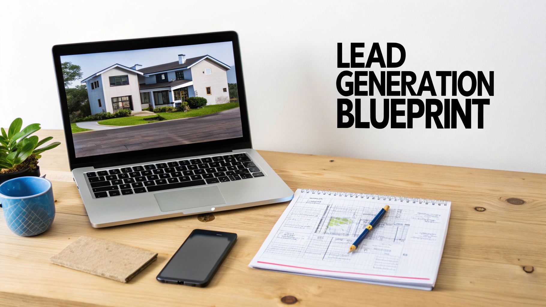 A modern office setting with a laptop showing real estate listings, symbolizing lead generation.