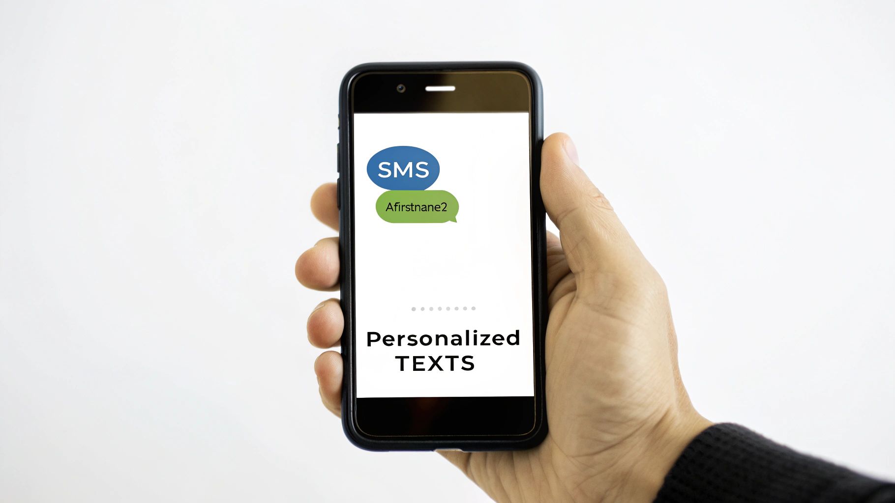 A hand holds a smartphone displaying chat bubbles with 'SMS' and 'Afirstname2', and 'Personalized TEXTS' on the screen.