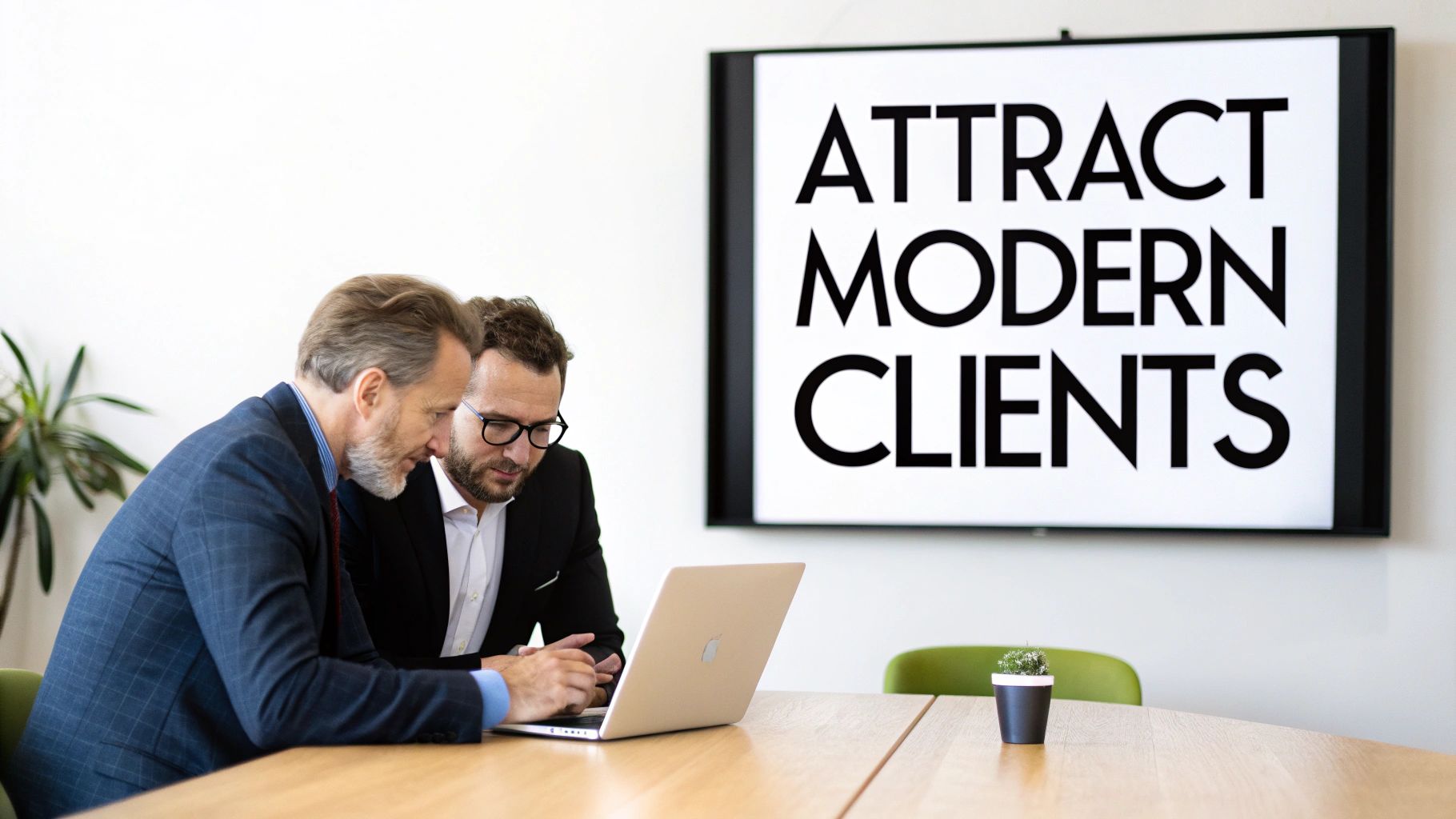 Two professionals collaborate on a laptop in an office, with a screen displaying 'Attract Modern Clients'.
