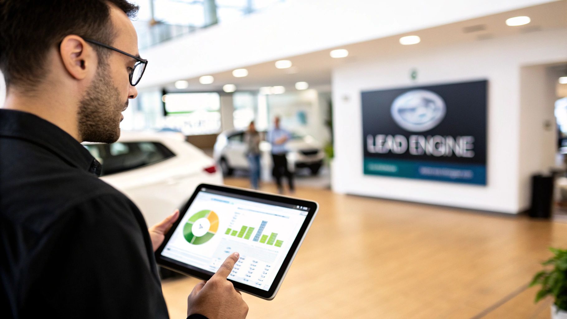 A closeup shot of a modern car's dashboard and steering wheel, suggesting a focus on the driver's experience.